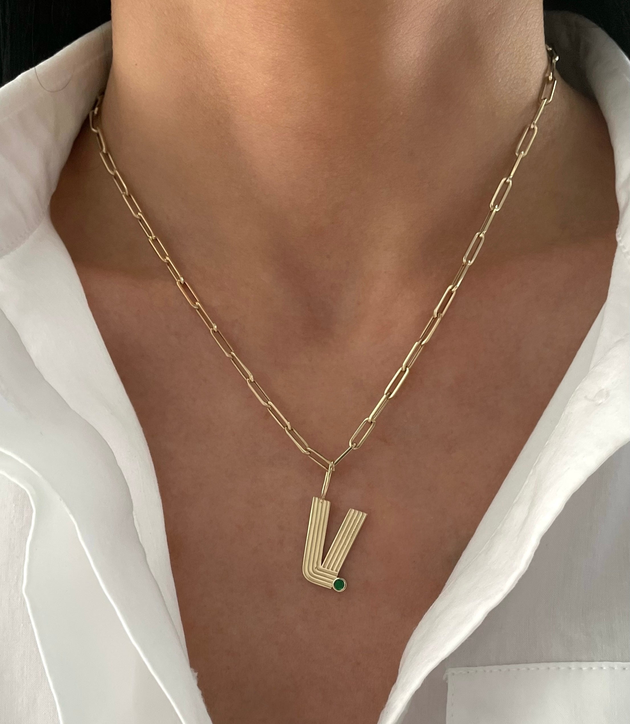 Large Retro Fluted Letter Charm with Stone Accent