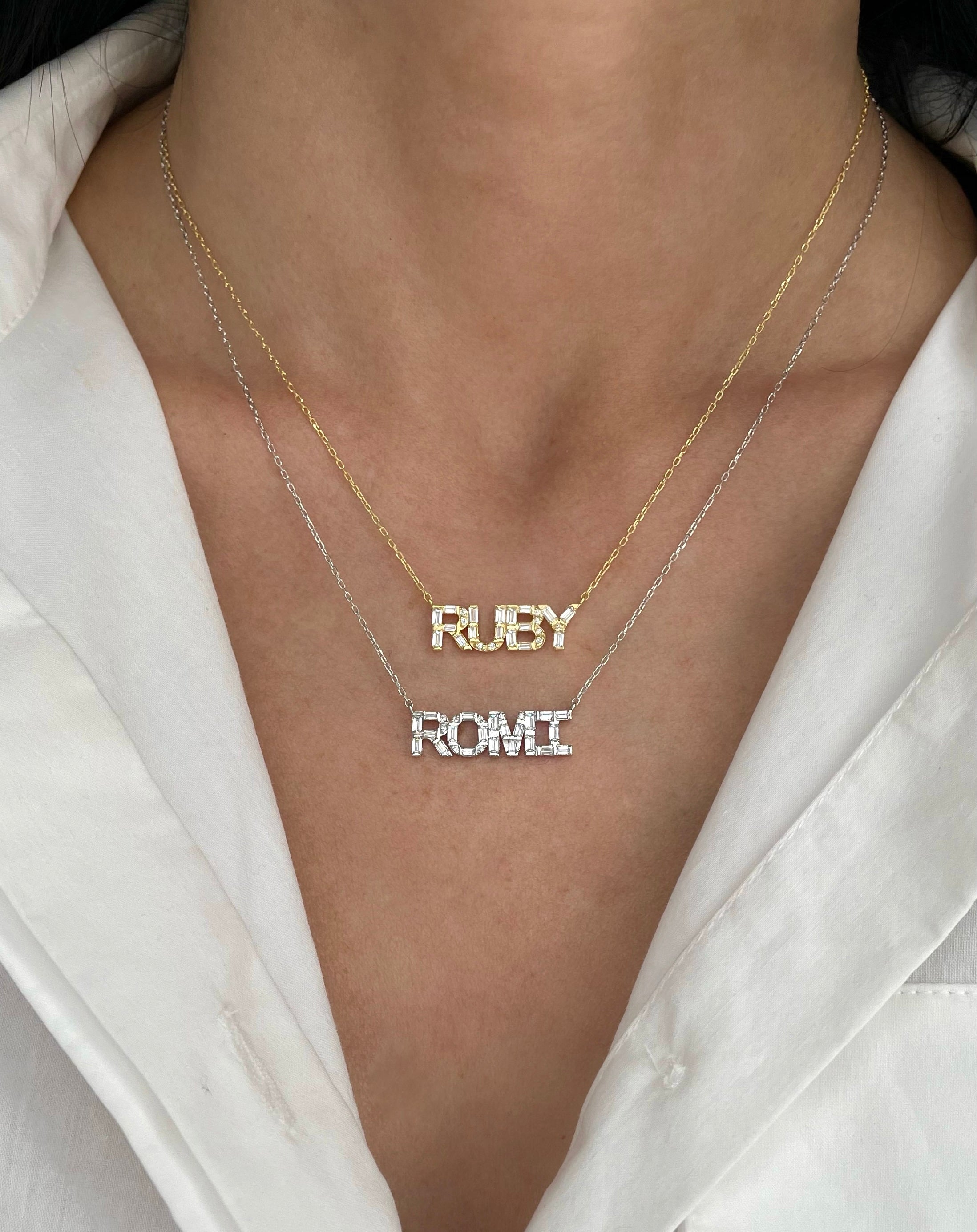 Baguette and Round Diamond Name Necklace