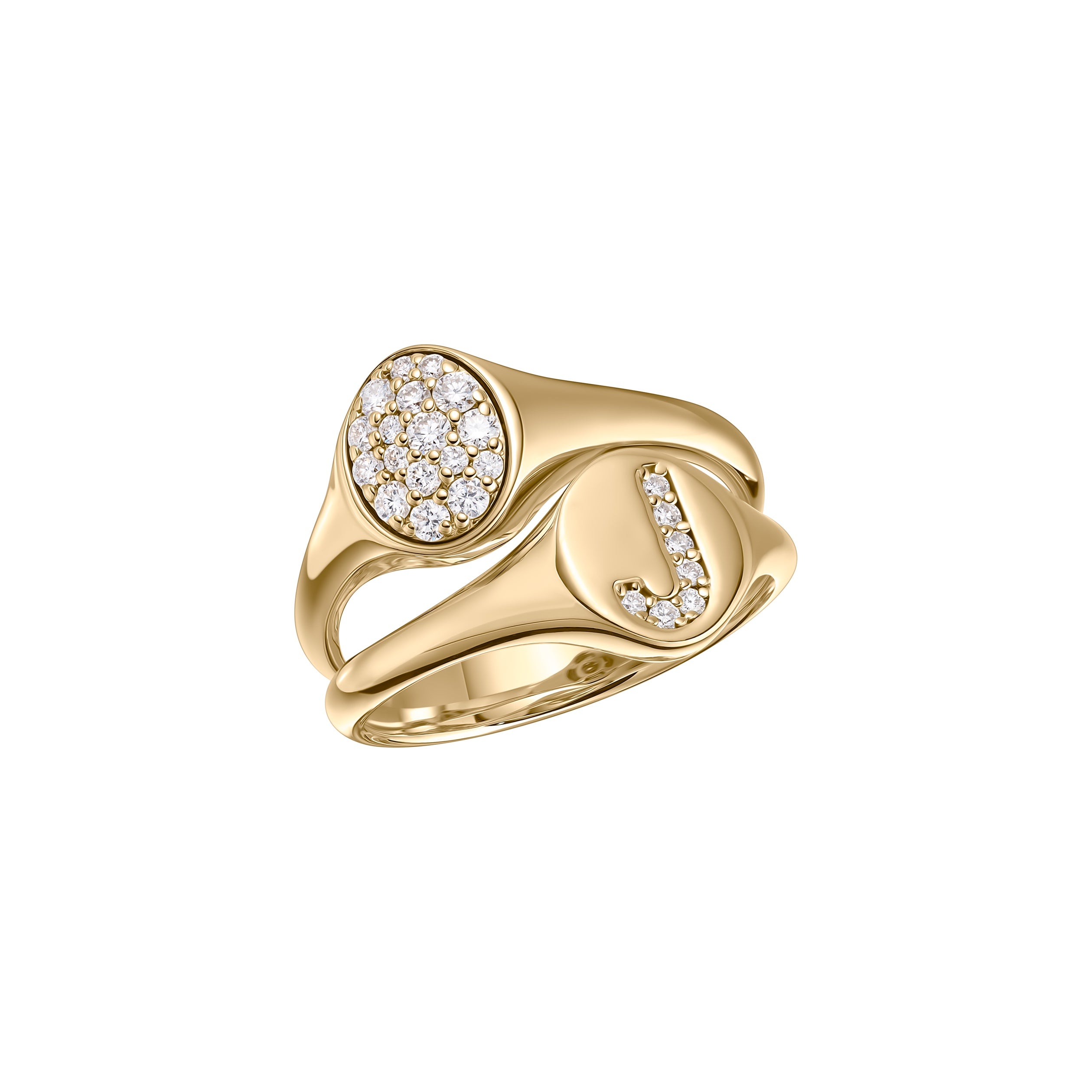 Double Row Initial + Diamond Pave Signet Ring
