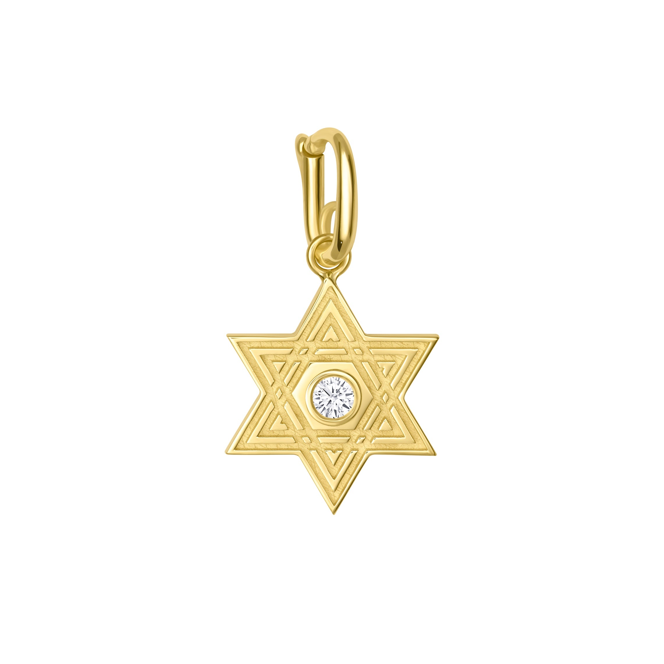 Retro Fluted Gold Jewish Star with Stone Accent Charm