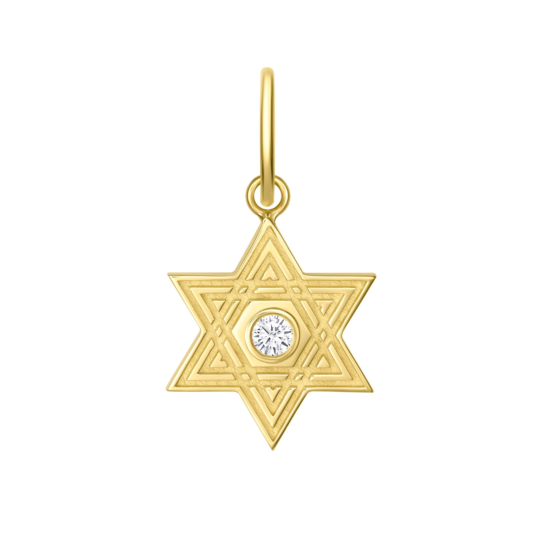 Retro Fluted Gold Jewish Star with Stone Accent Charm