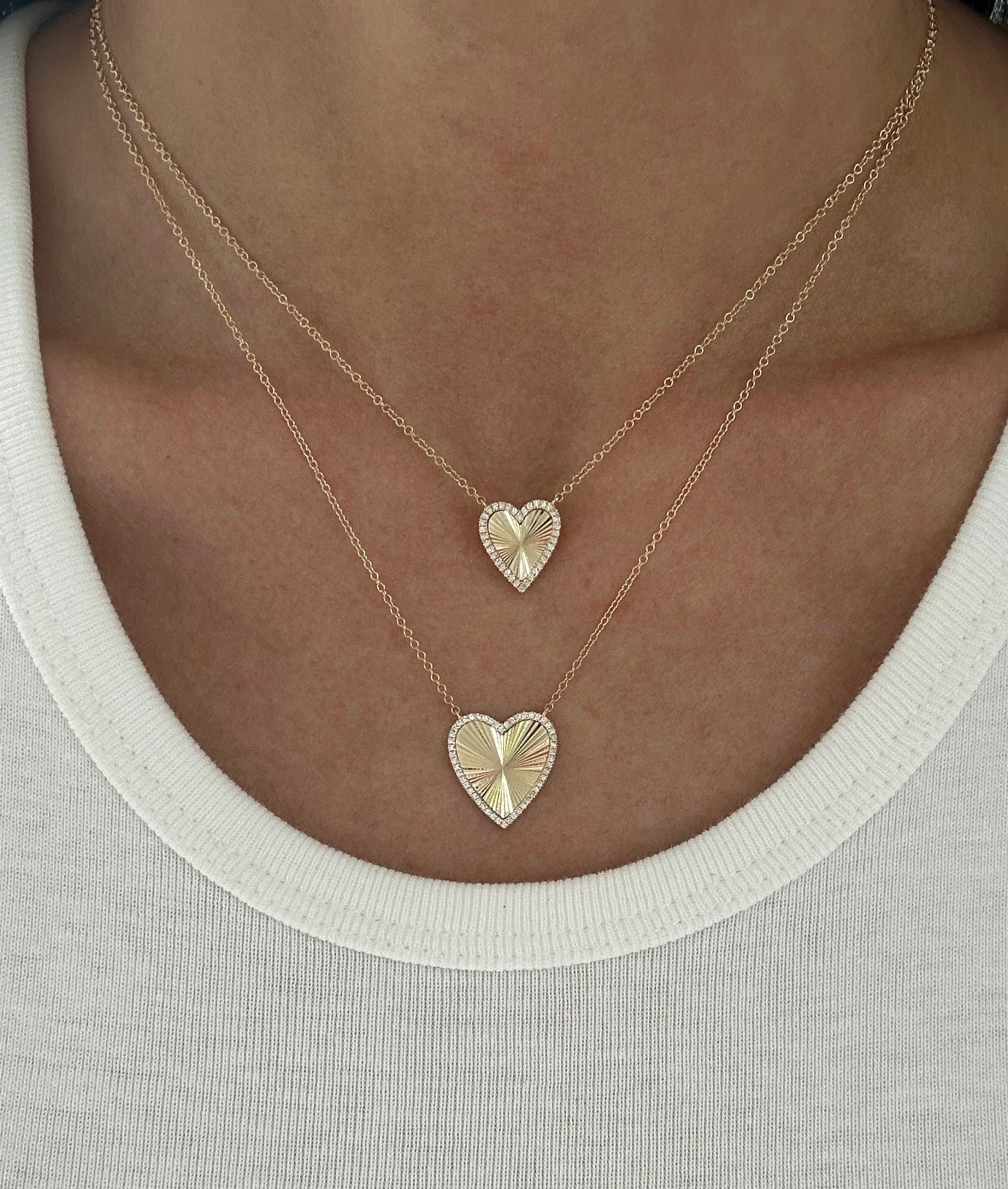 Small Gold Fluted and Diamond Heart Necklace