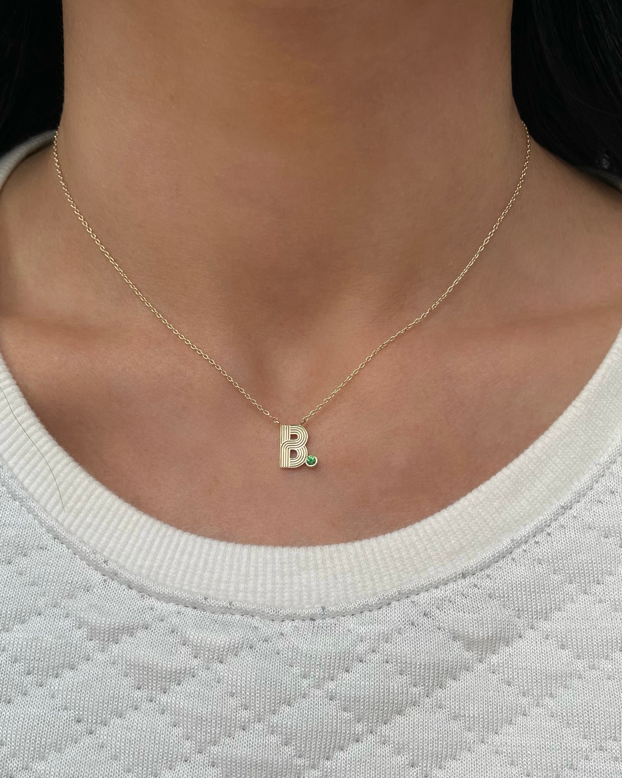 Retro Fluted Letter with Stone Accent Necklace
