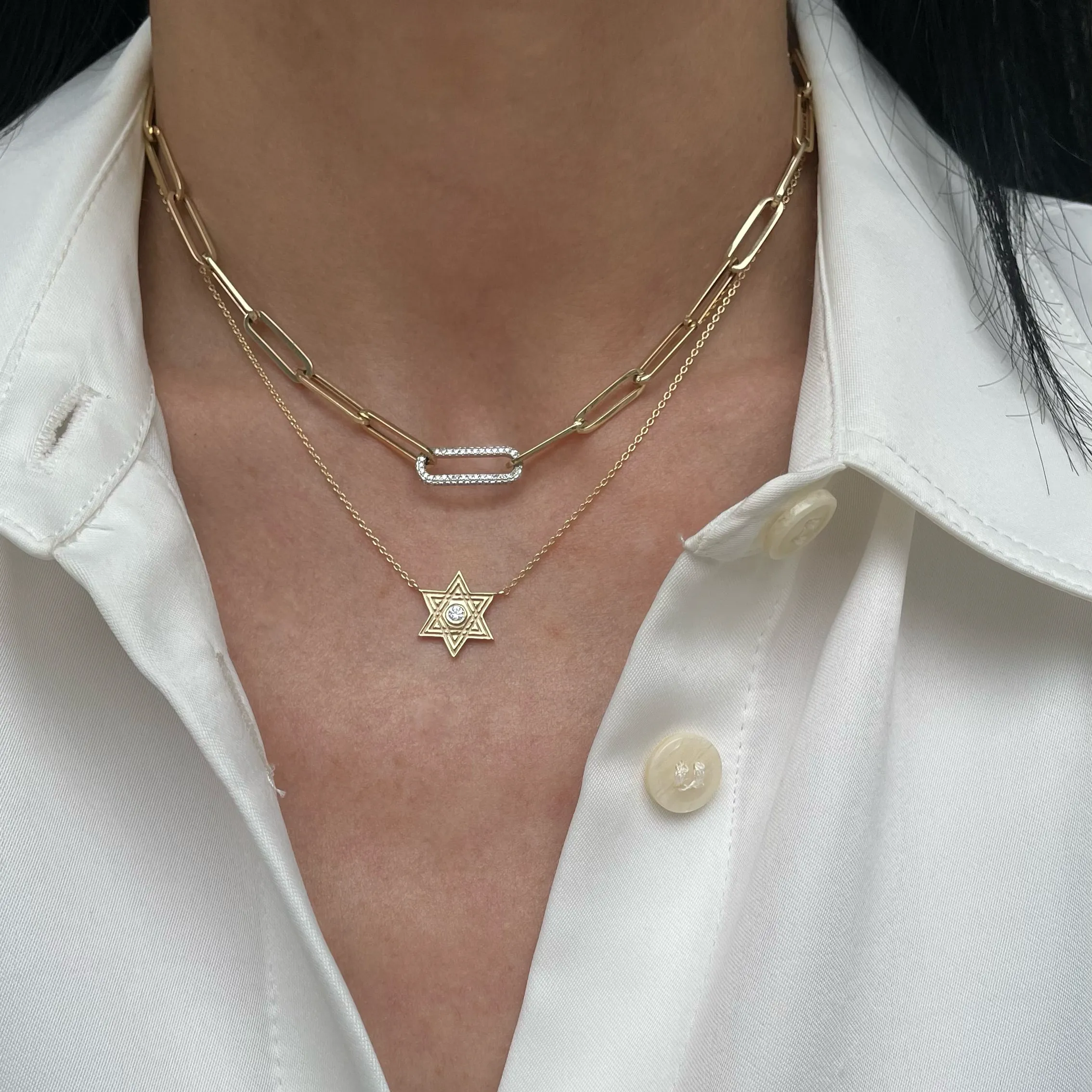 Retro Fluted Gold and Diamond Jewish Star Necklace