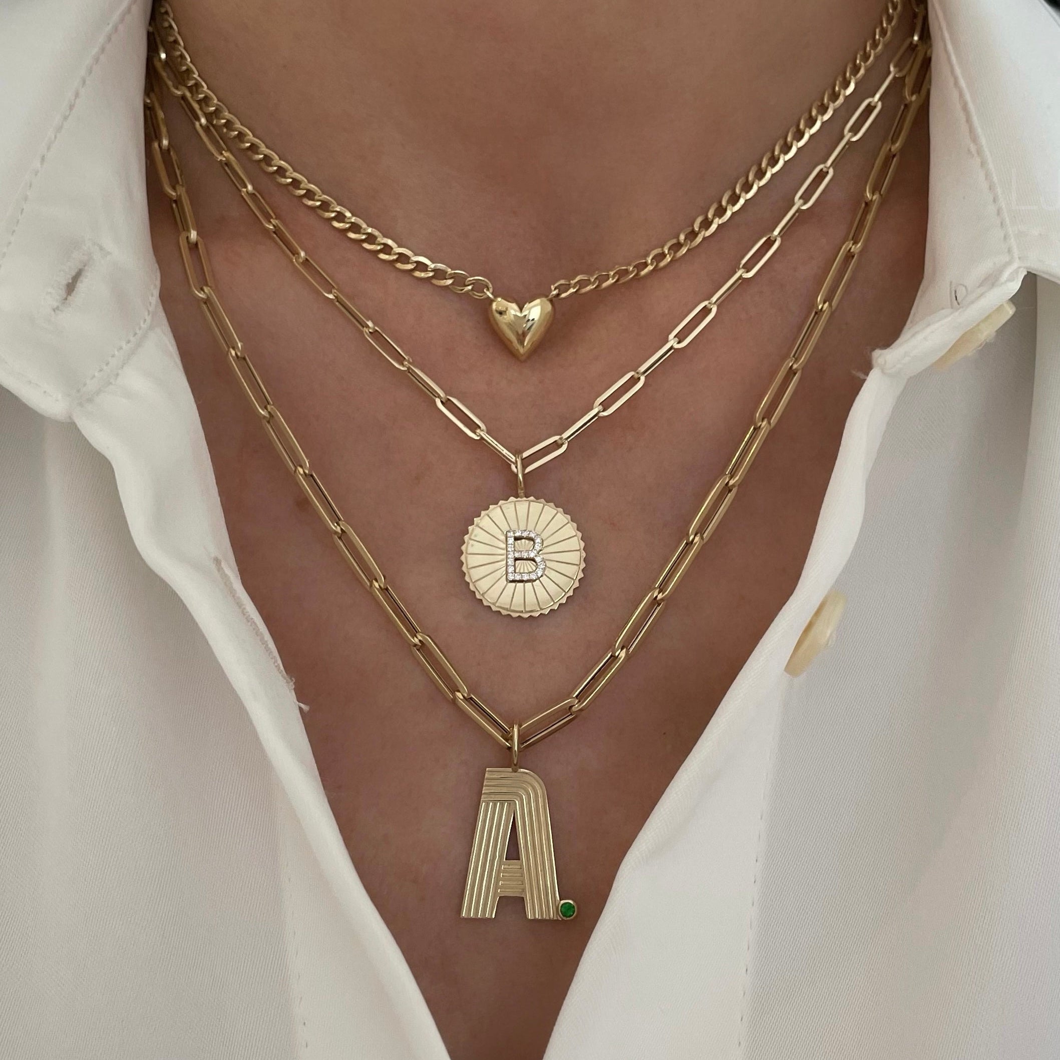 Large Retro Fluted Letter Charm with Stone Accent