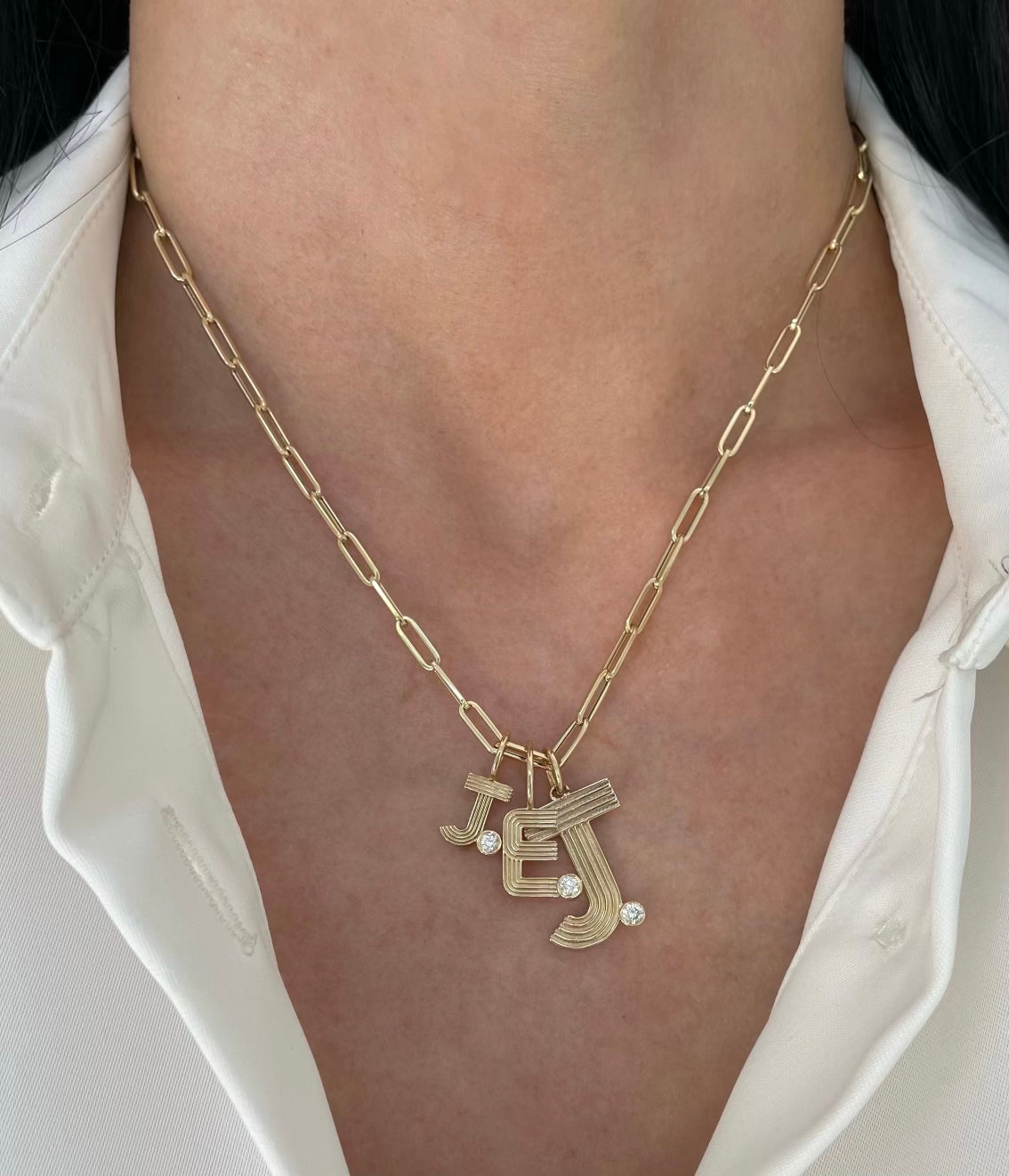 Large Retro Fluted Letter Charm with Stone Accent