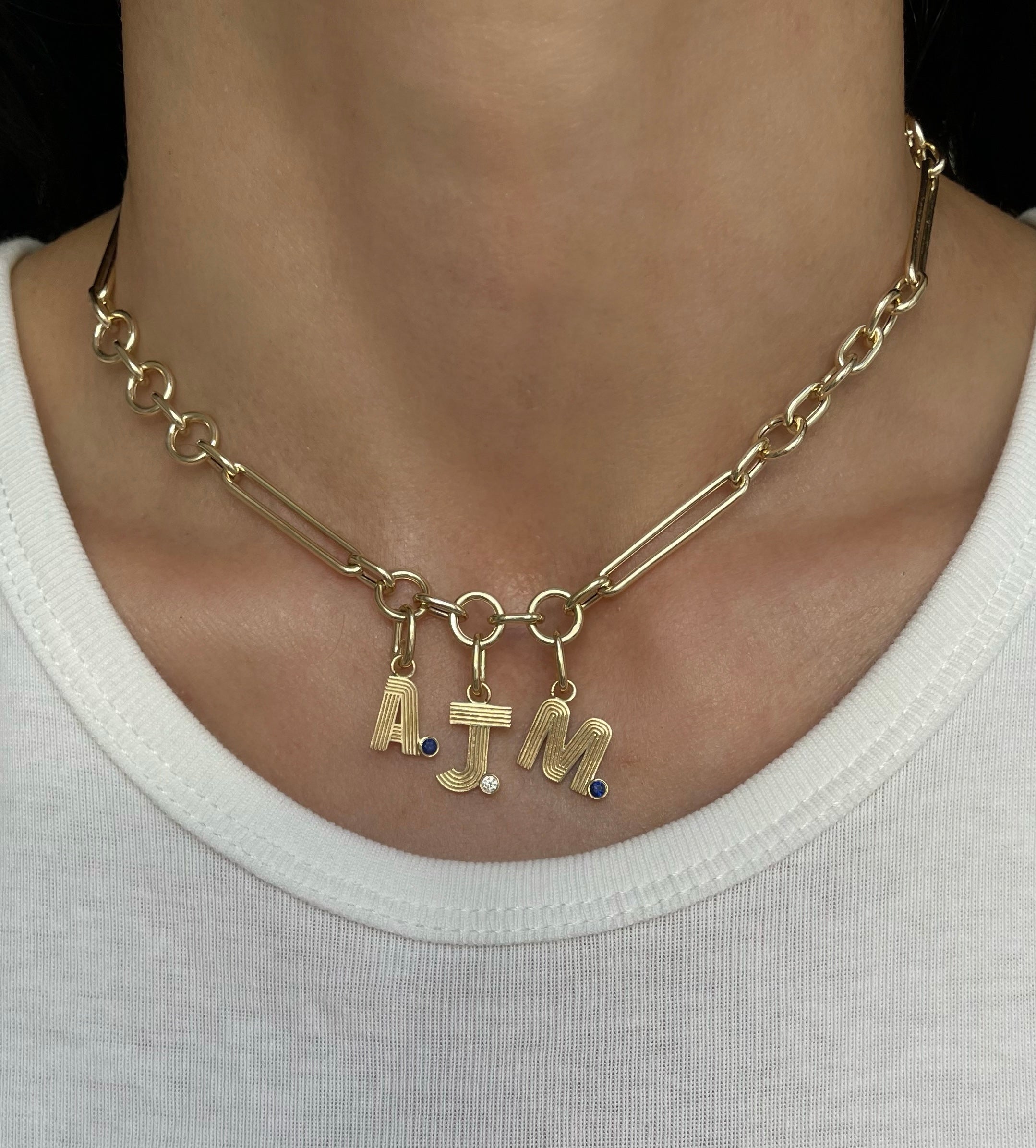 Small Retro Fluted Letter Charm with Stone Accent