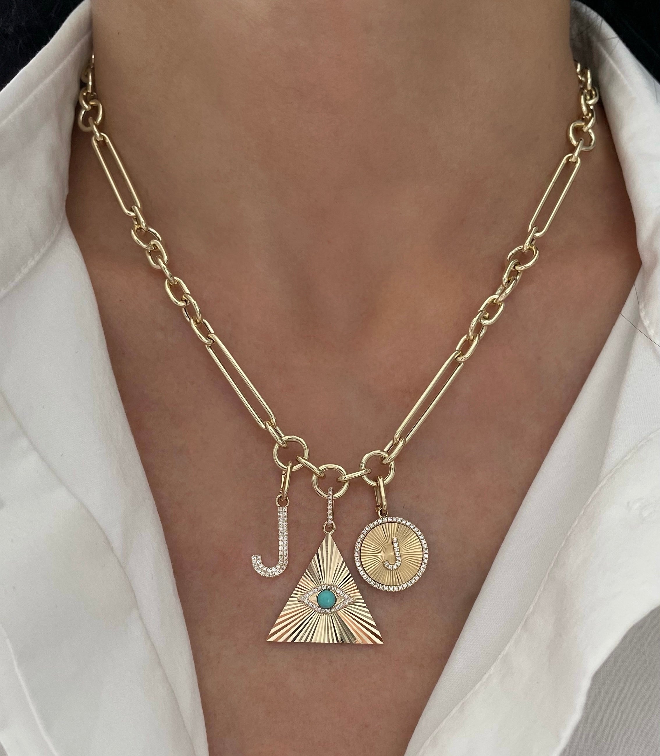 Fluted Triangle Charm with Evil Eye and Turquoise Accent