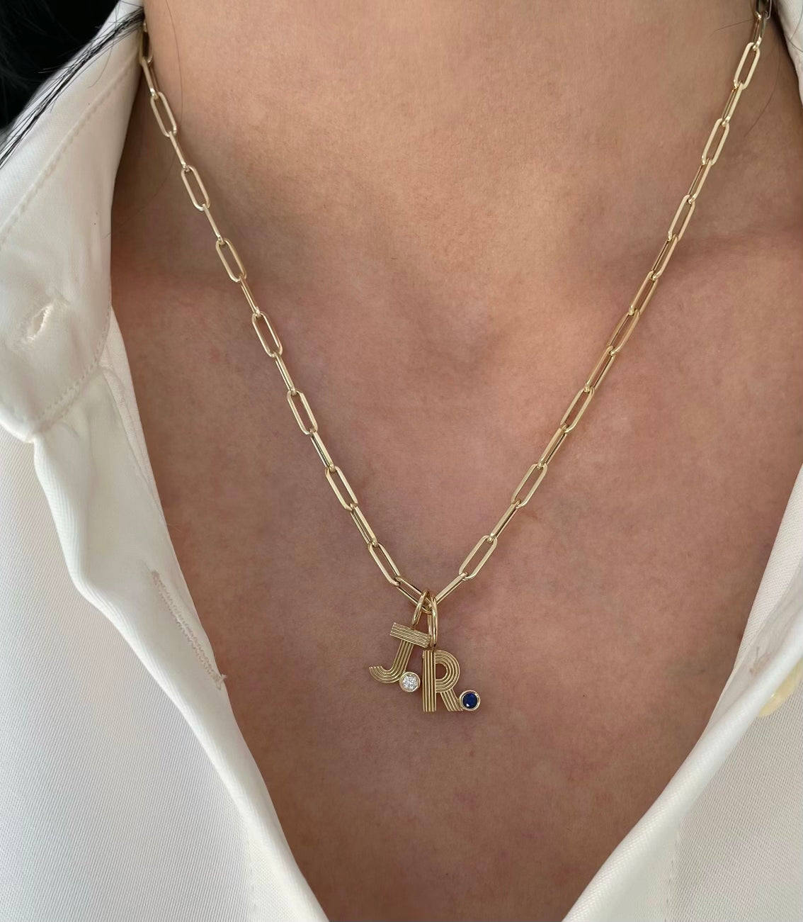 Small Retro Fluted Letter Charm with Stone Accent