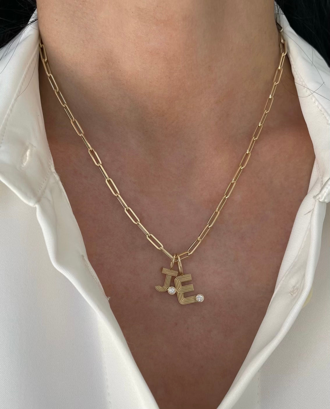 Small Retro Fluted Letter Charm with Stone Accent