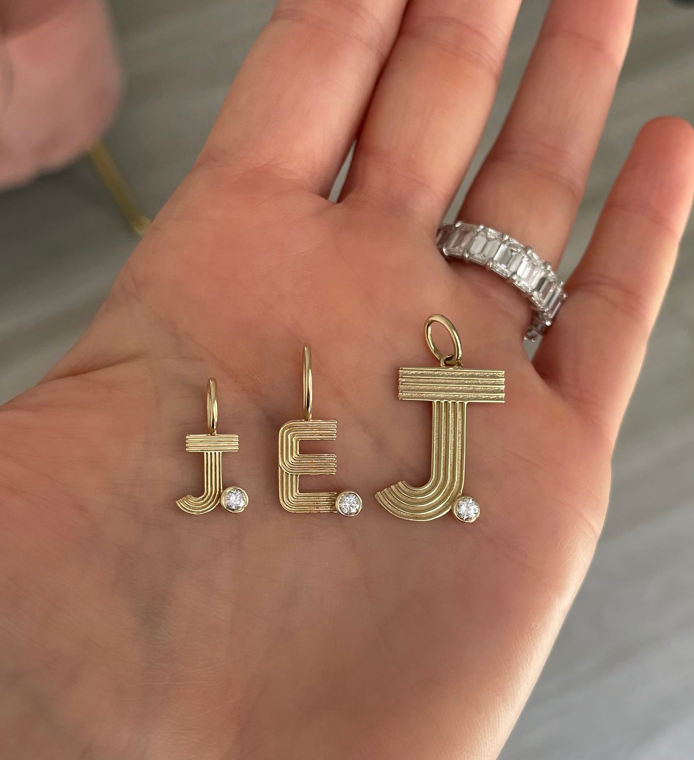 Large Retro Fluted Letter Charm with Stone Accent