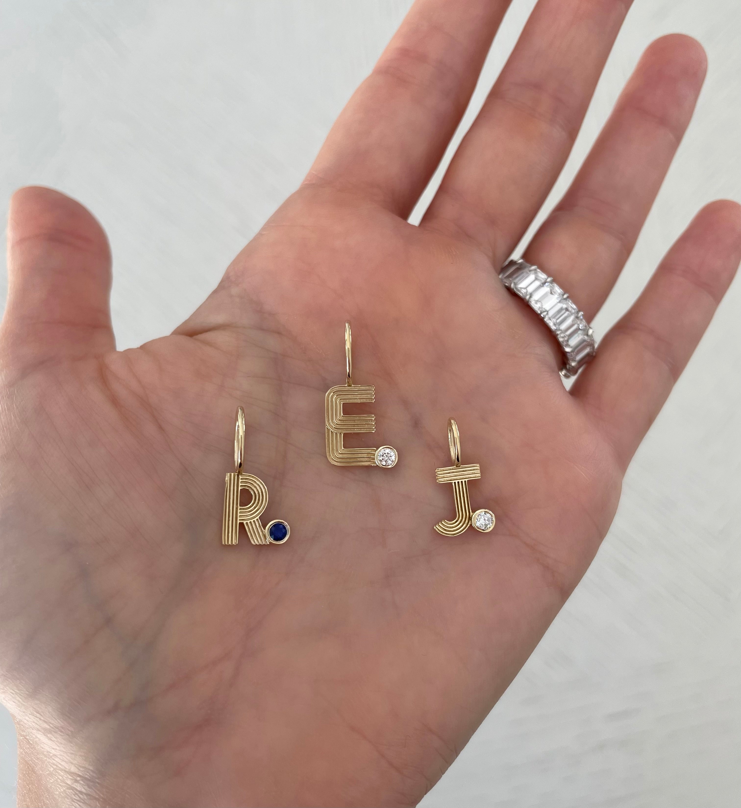 Small Retro Fluted Letter Charm with Stone Accent