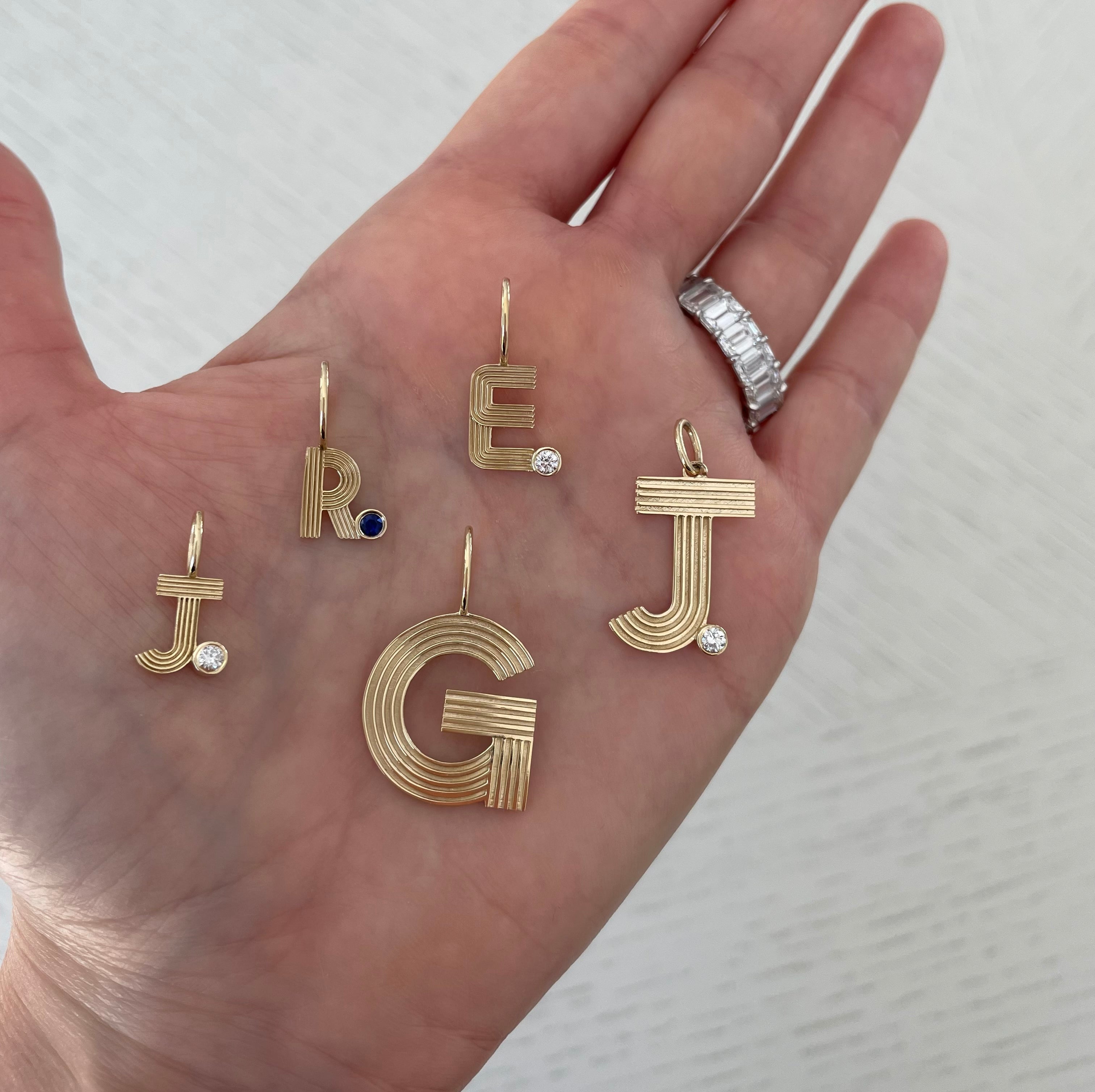 Small Retro Fluted Letter Charm with Stone Accent