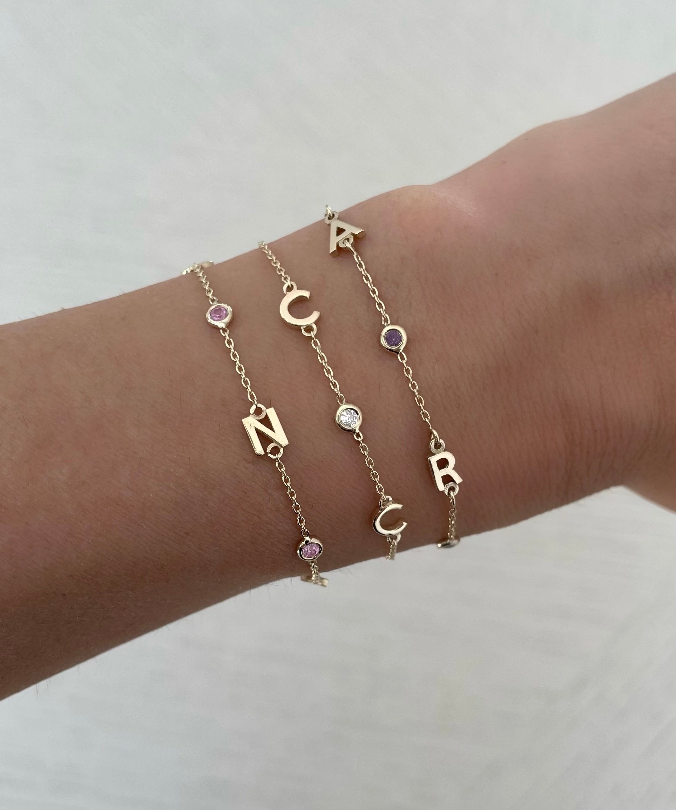 Mini Multi Letter and Stone Bracelet - Sideways
