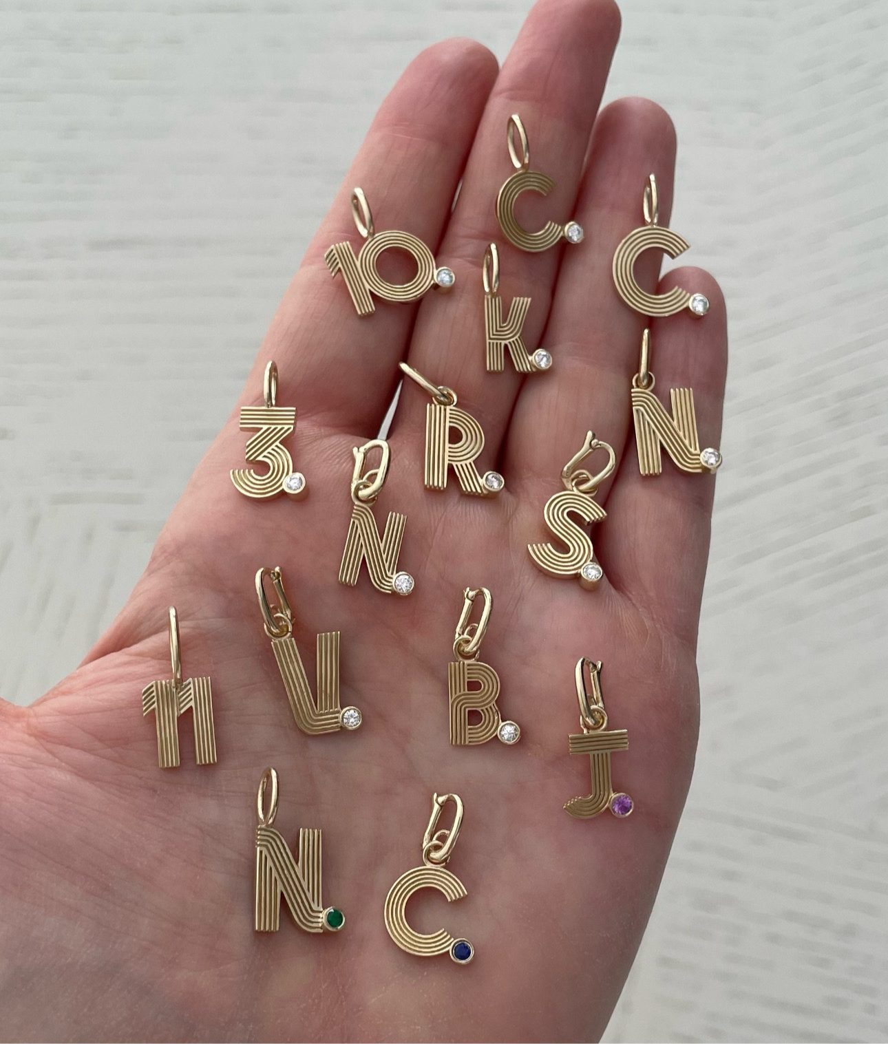 Small Retro Fluted Letter Charm with Stone Accent