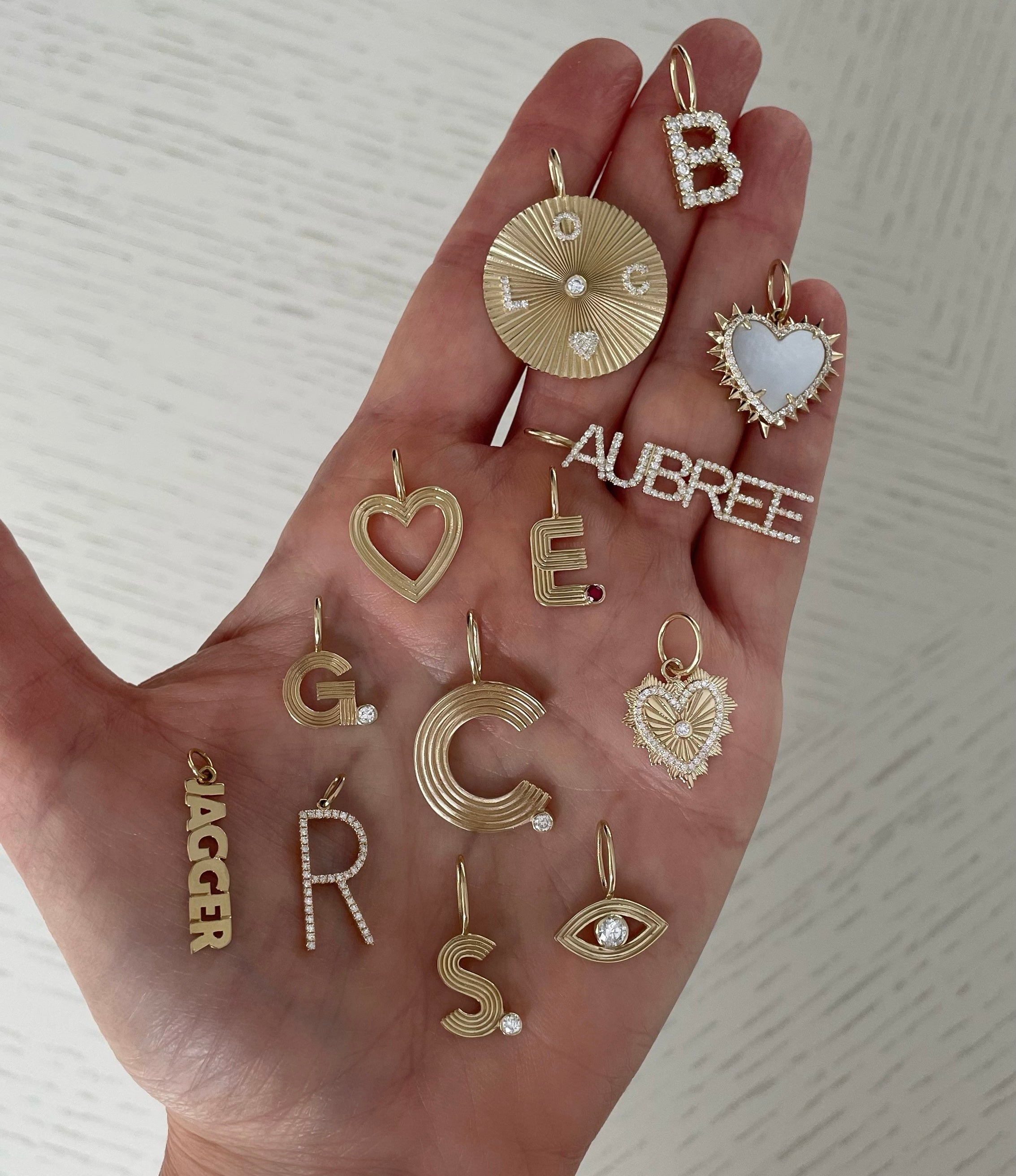 Small Retro Fluted Letter Charm with Stone Accent