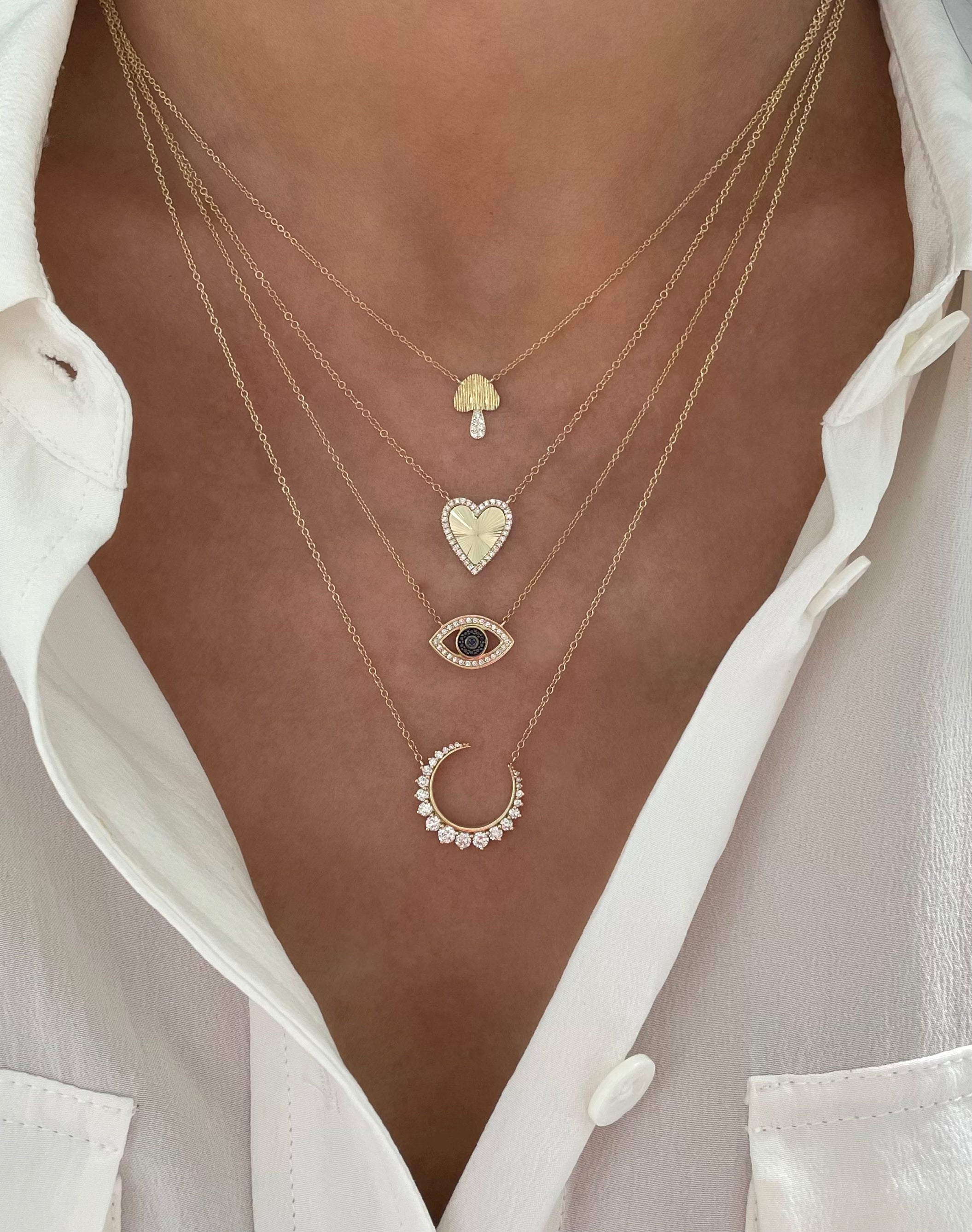 Small Gold Fluted and Diamond Heart Necklace