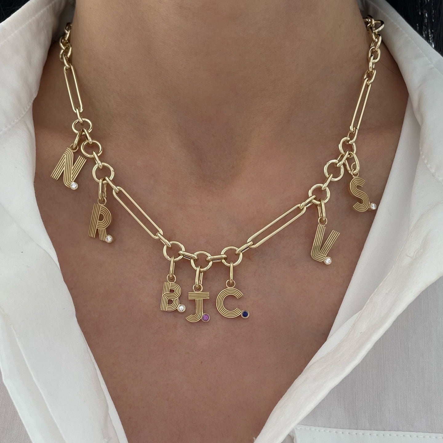 Small Retro Fluted Letter Charm with Stone Accent