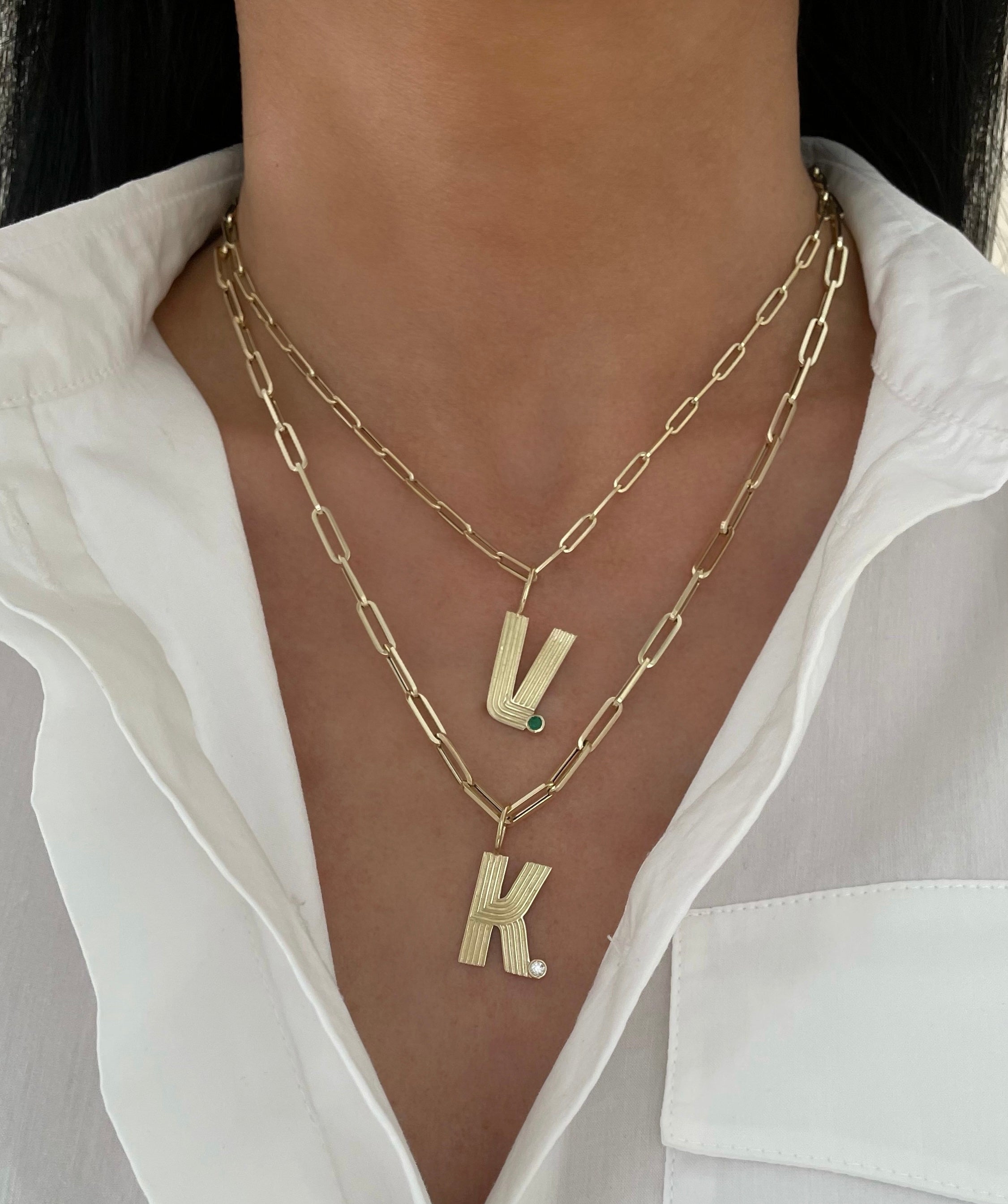 Large Retro Fluted Letter Charm with Stone Accent