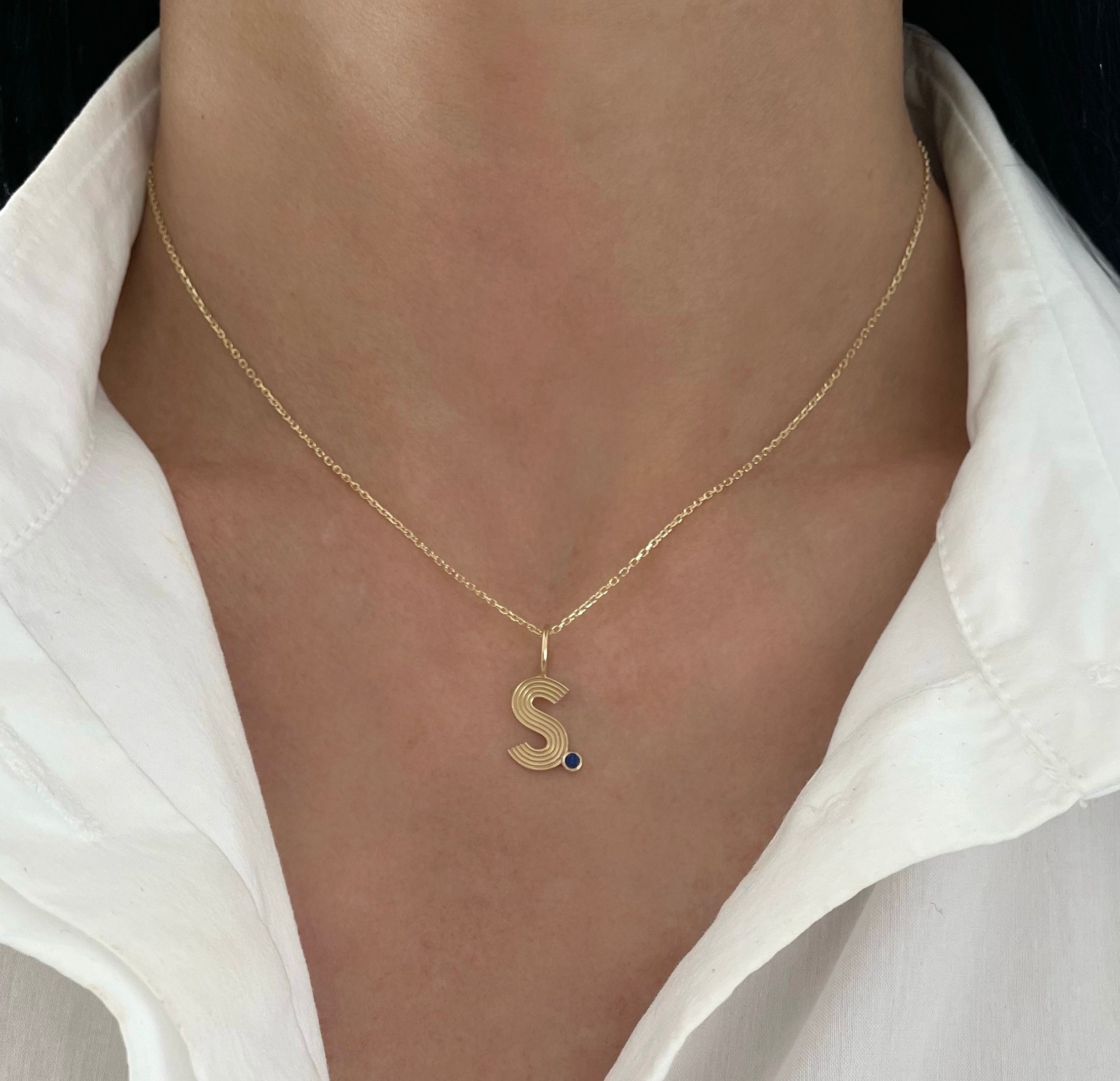 Small Retro Fluted Letter Charm with Stone Accent