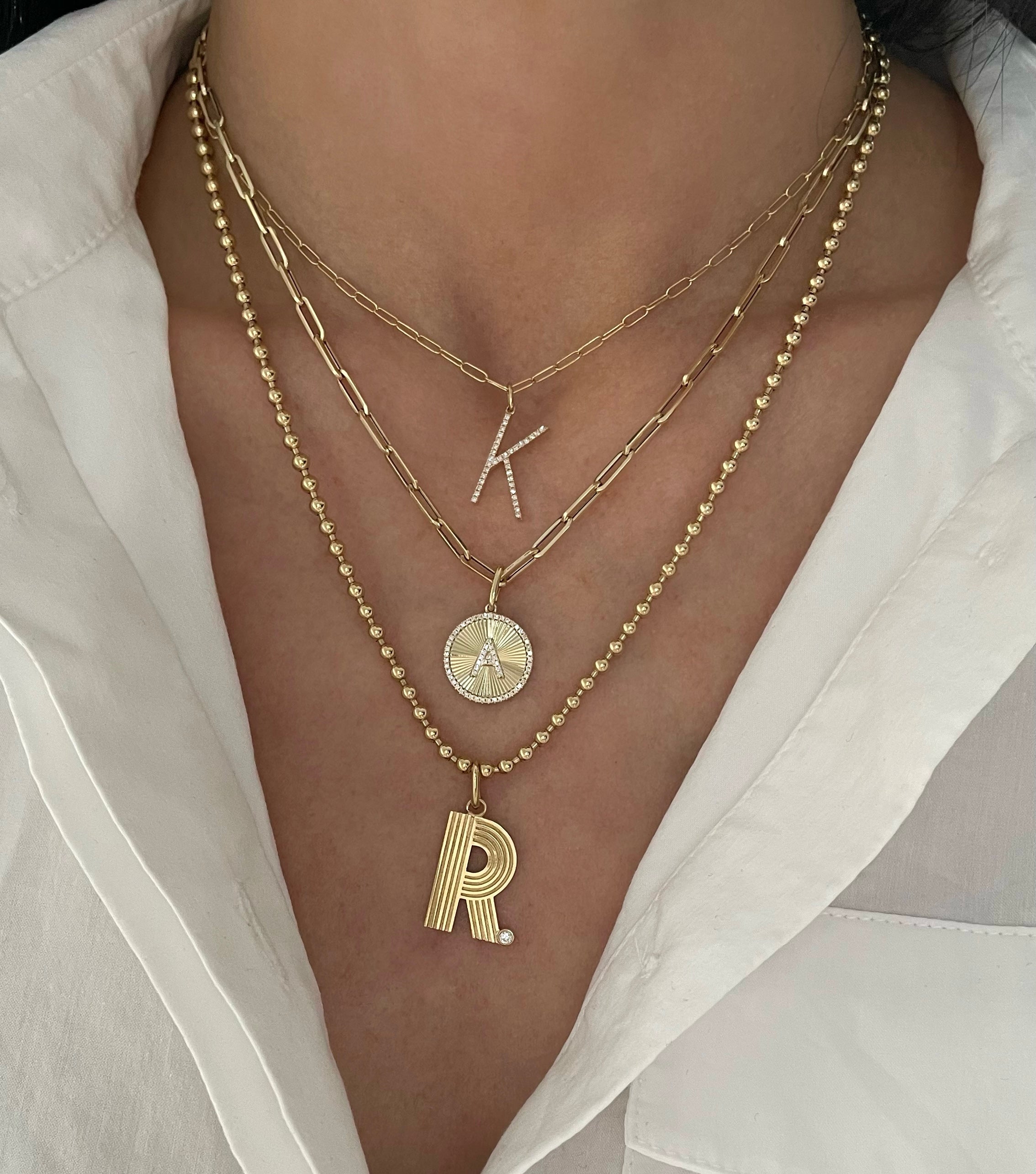 Large Retro Fluted Letter Charm with Stone Accent