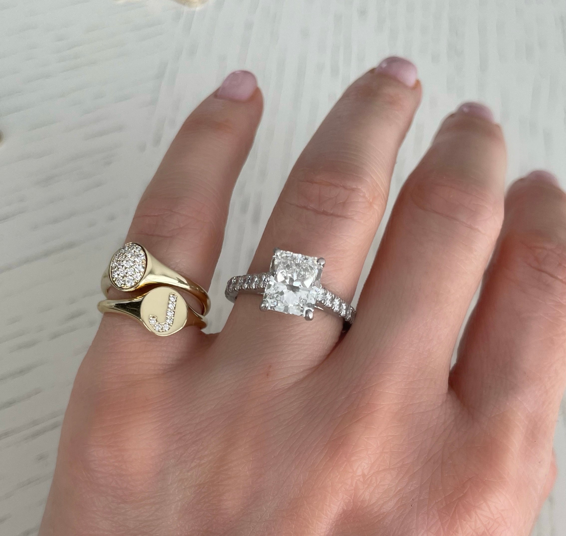 Double Row Initial + Diamond Pave Signet Ring