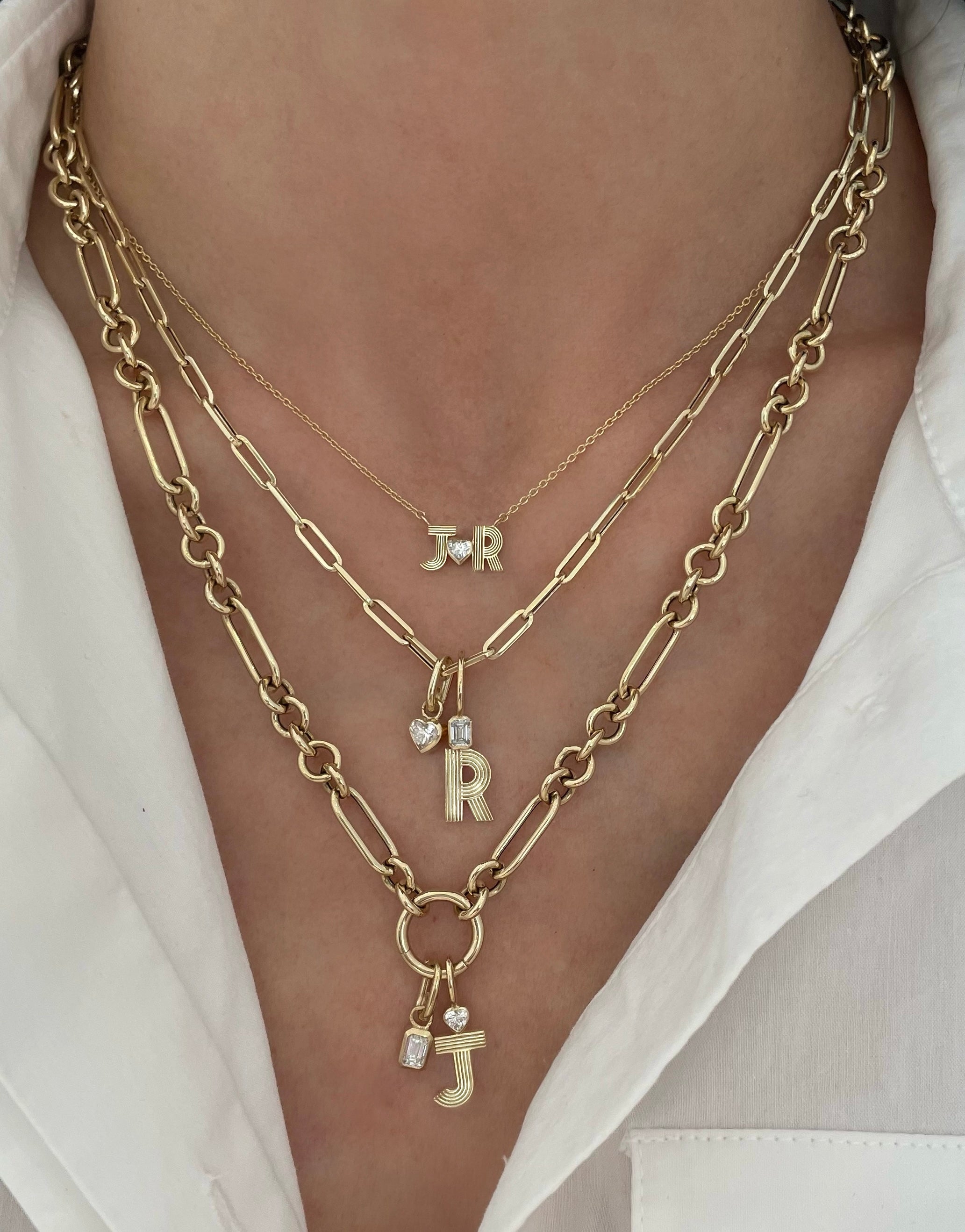 Small Retro Fluted Letter Charm with Diamond Accent on Top