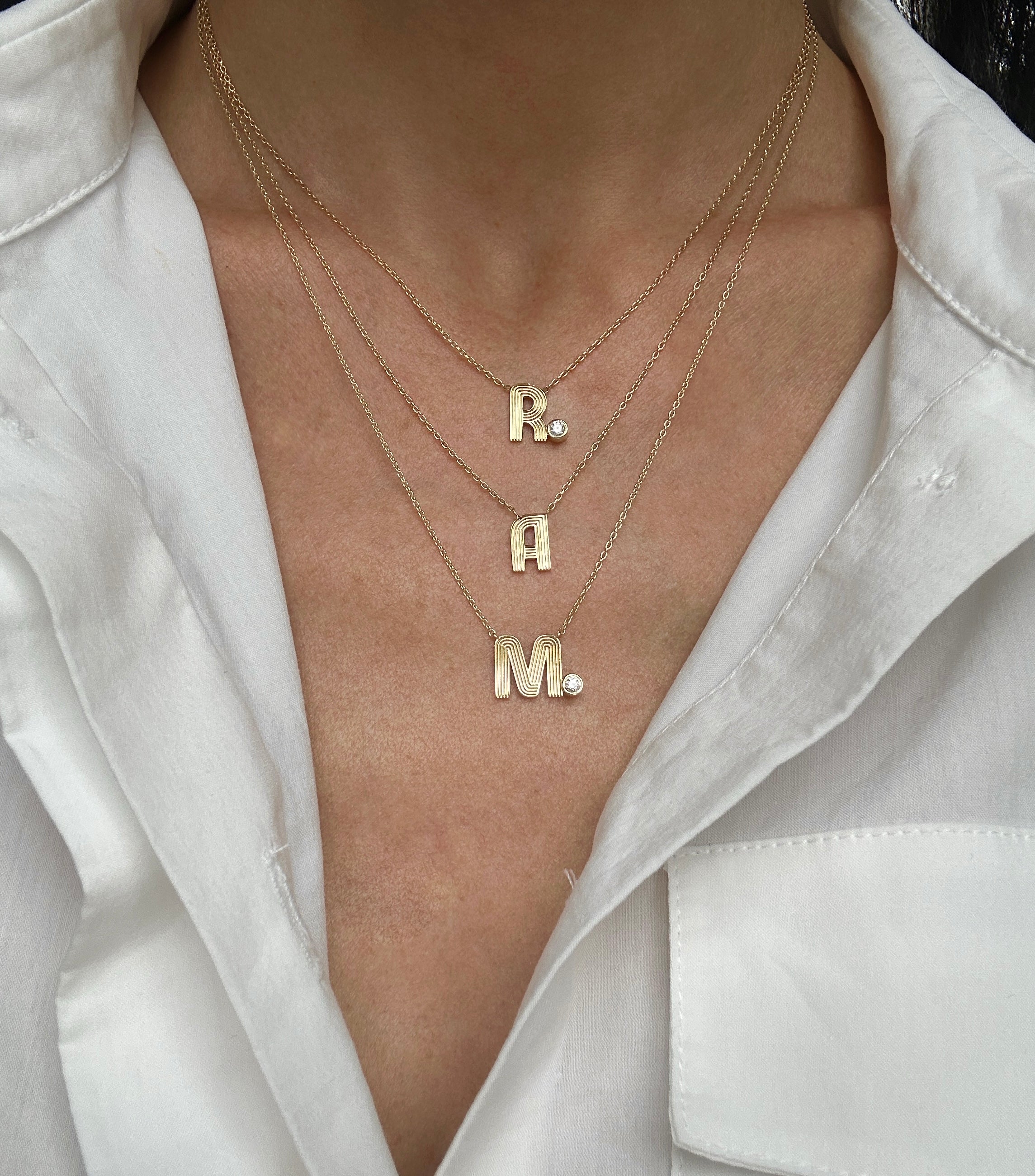 Retro Fluted Letter with Stone Accent Necklace