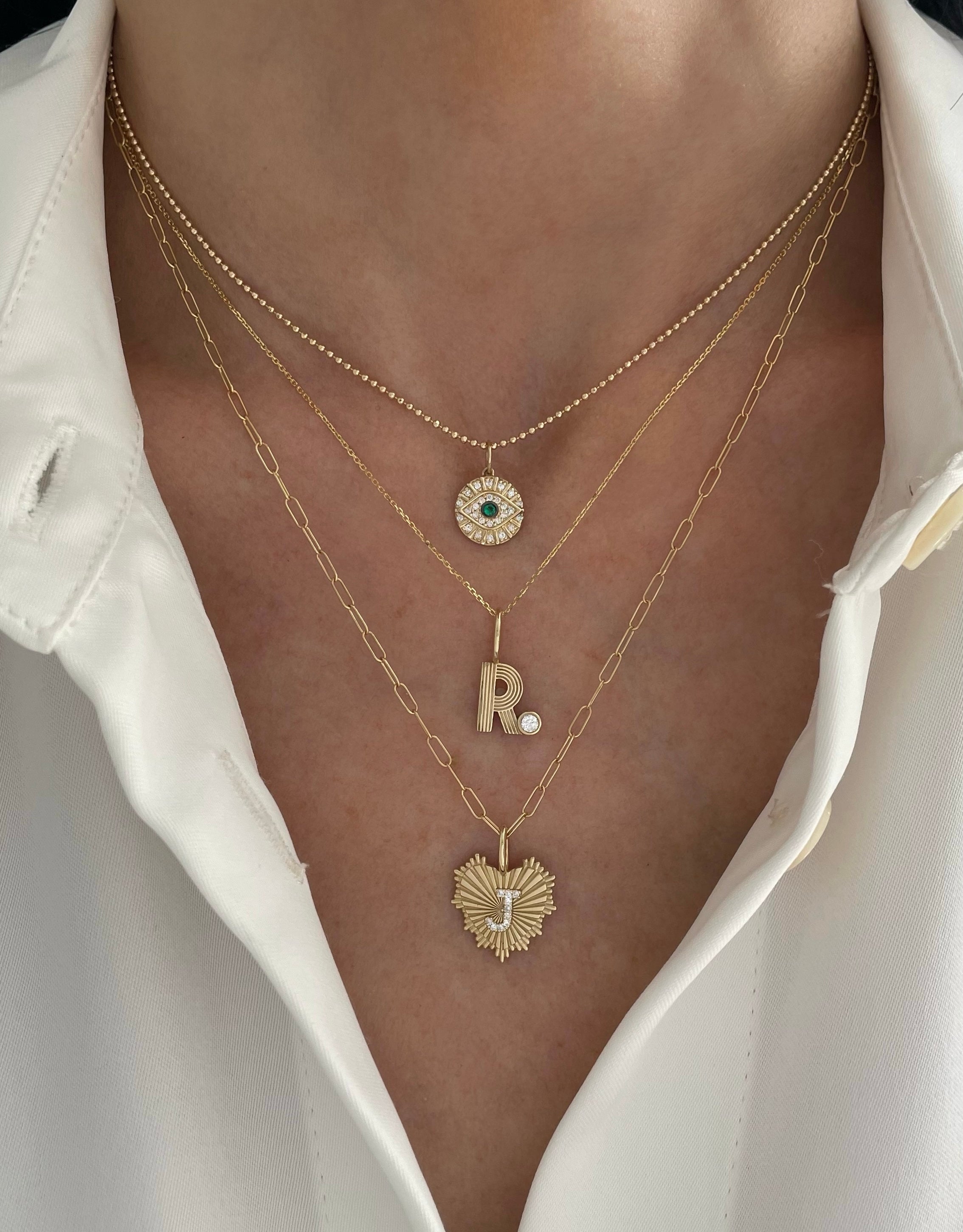 Small Retro Fluted Letter Charm with Stone Accent