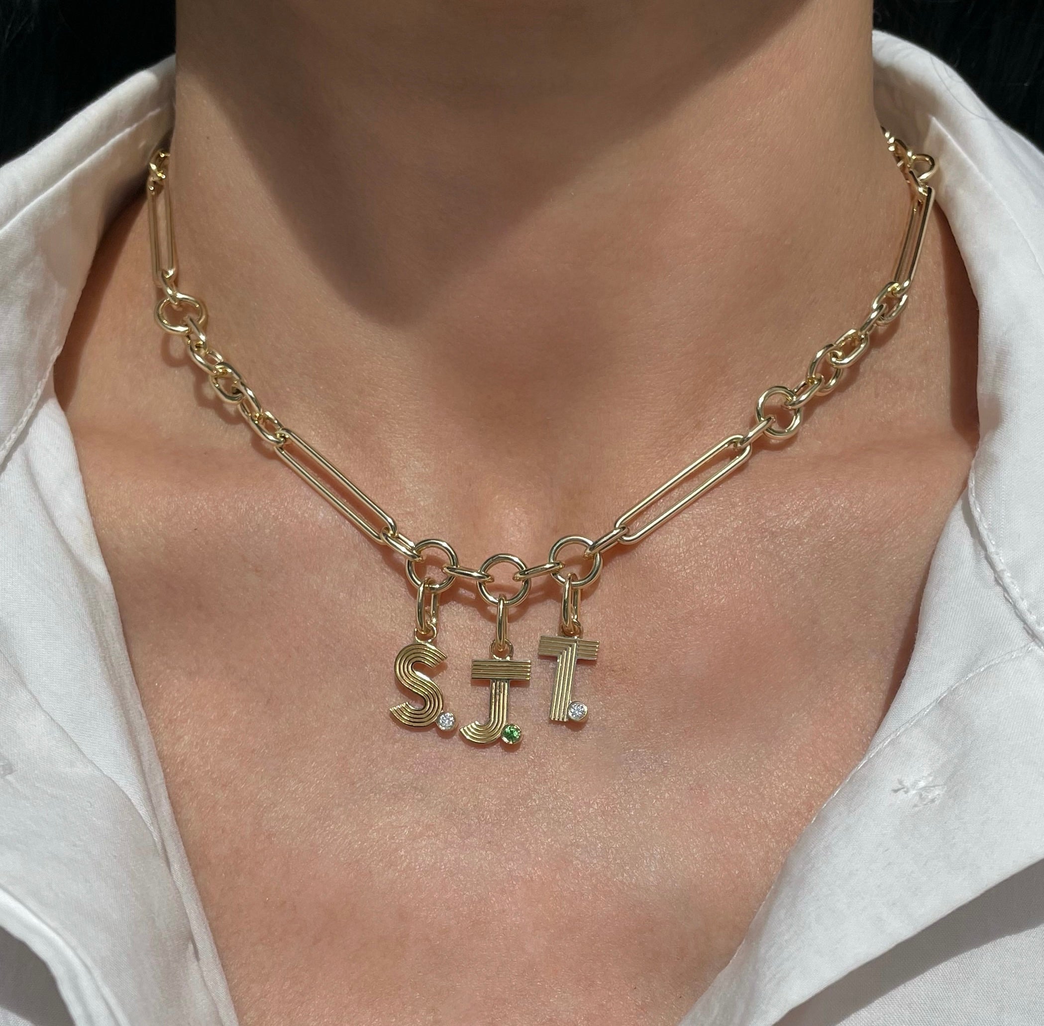 Small Retro Fluted Letter Charm with Stone Accent