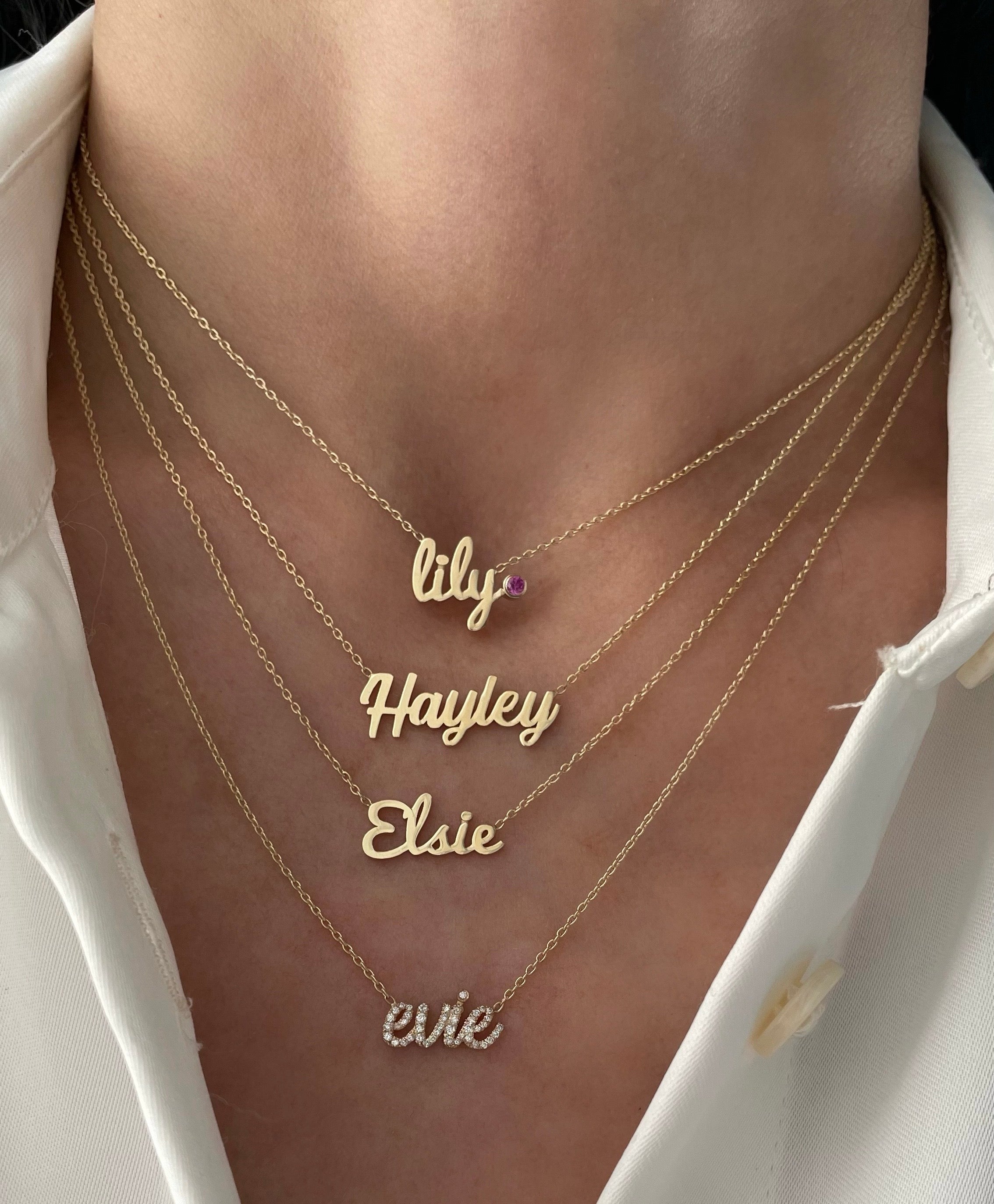 Small Script Gold Name Necklace With Stone Accent