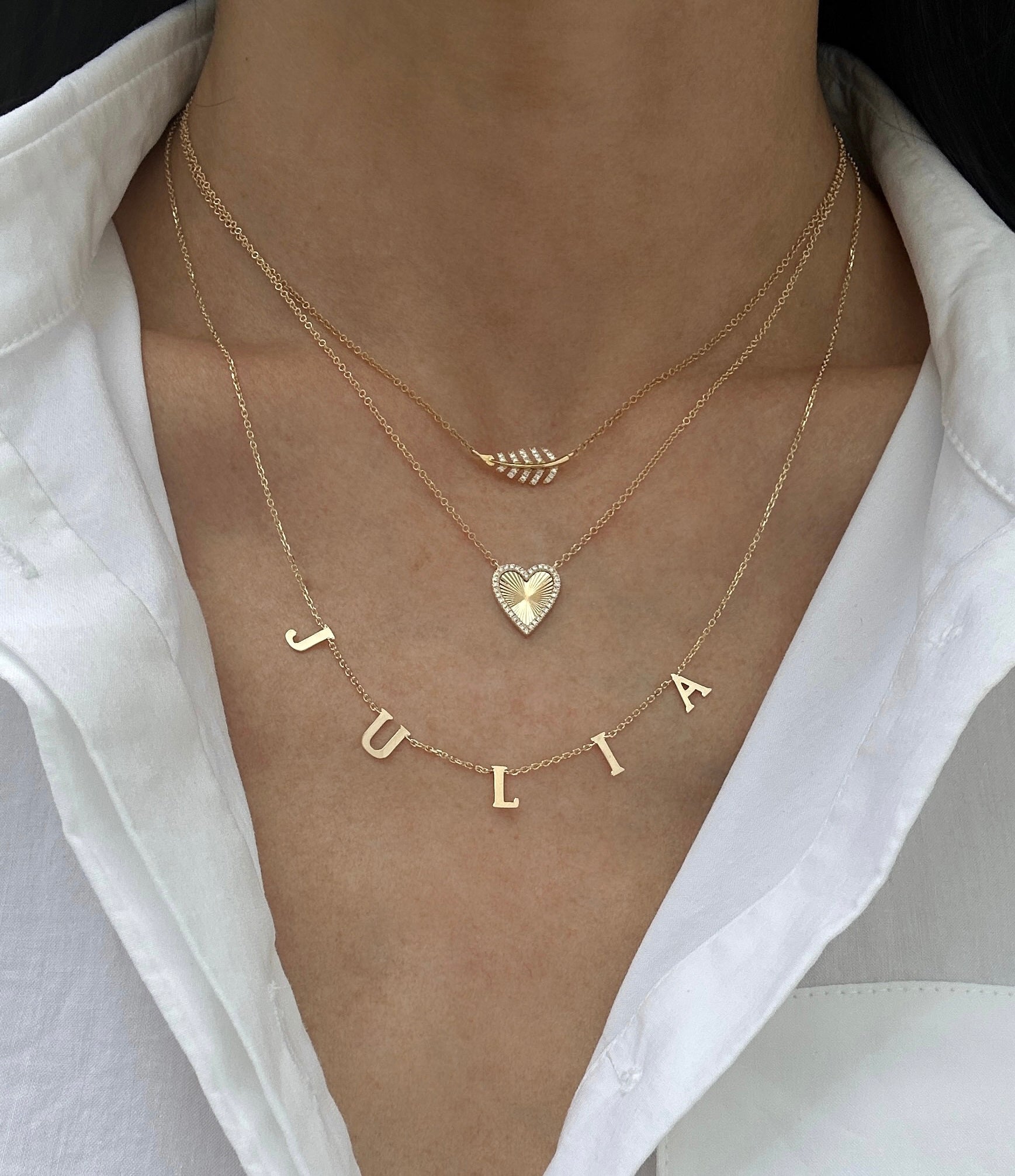 Small Gold Fluted and Diamond Heart Necklace