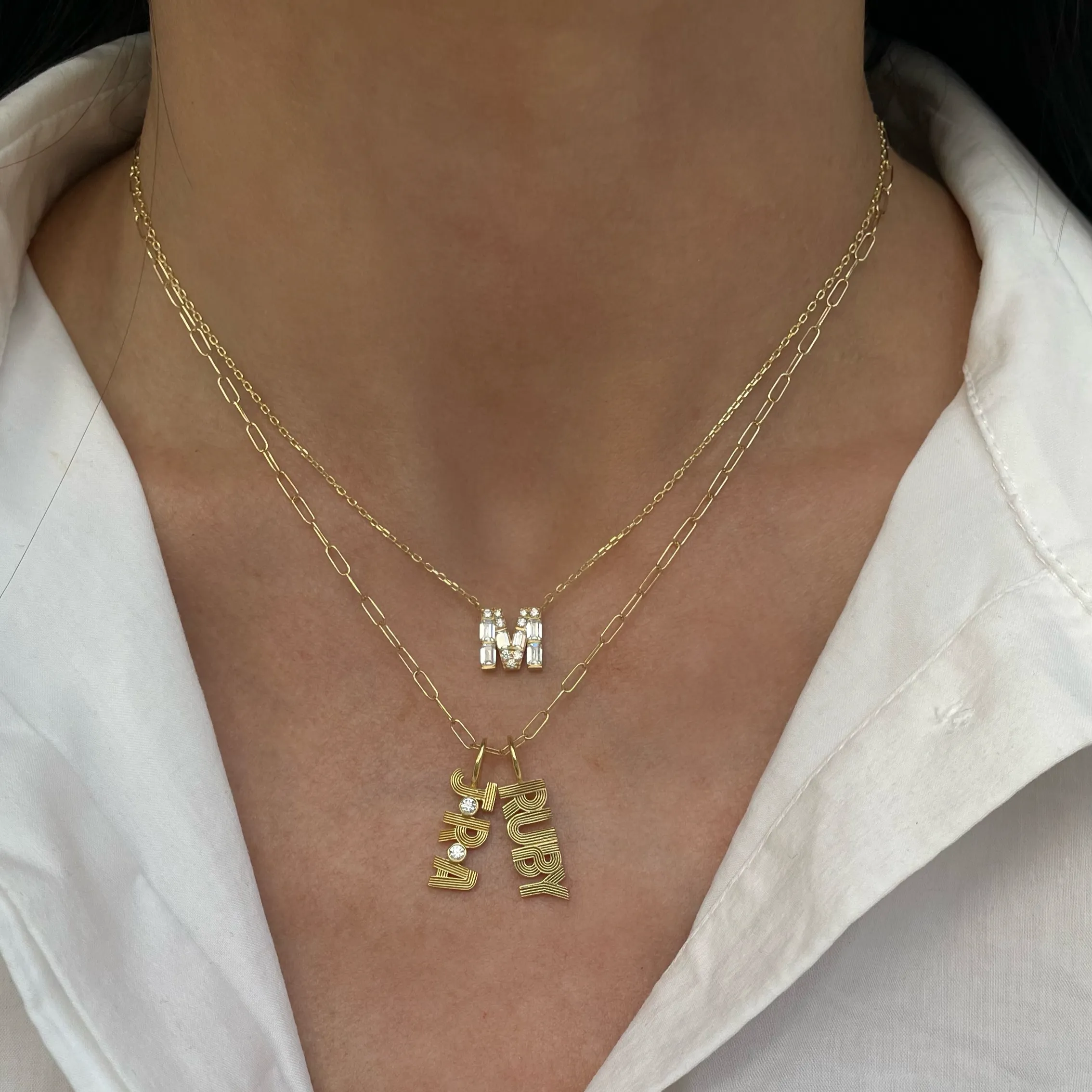 Baguette and Round Diamond Initial Necklace