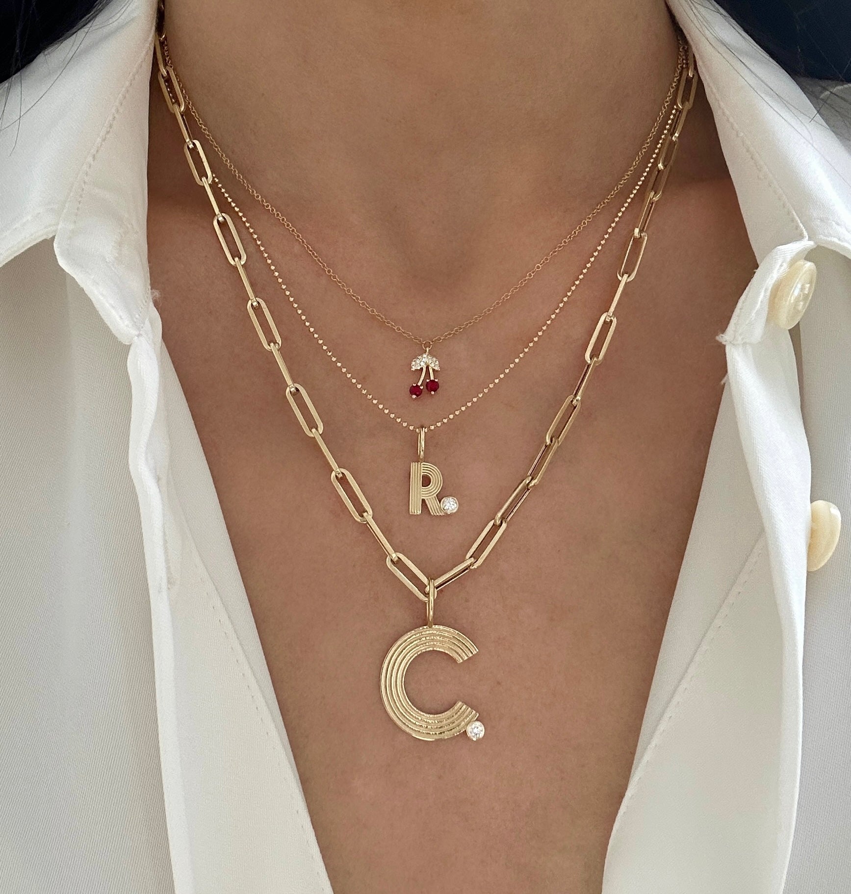 Small Retro Fluted Letter Charm with Stone Accent