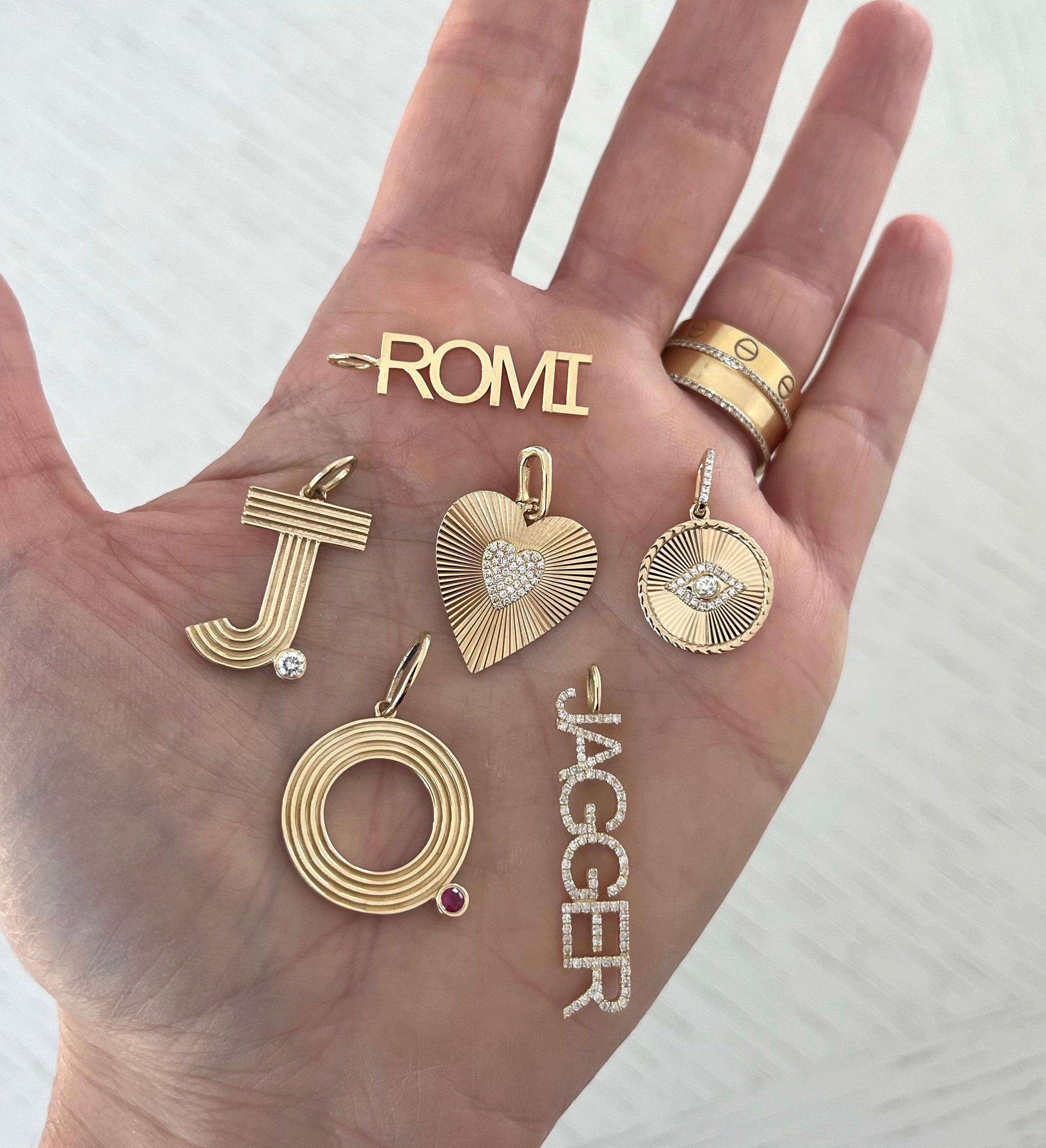 Large Retro Fluted Letter Charm with Stone Accent