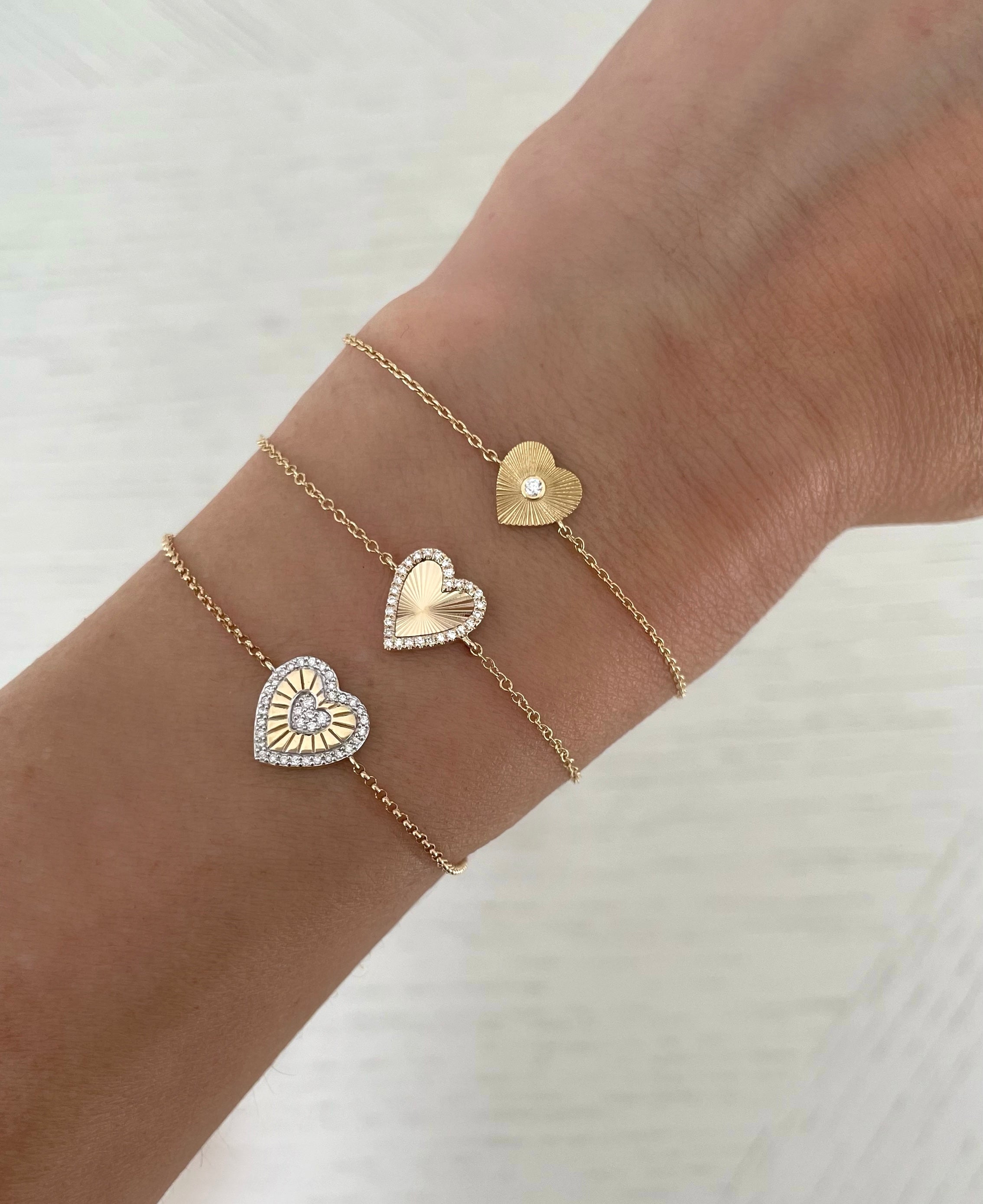 Small Gold Fluted and Diamond Heart Bracelet