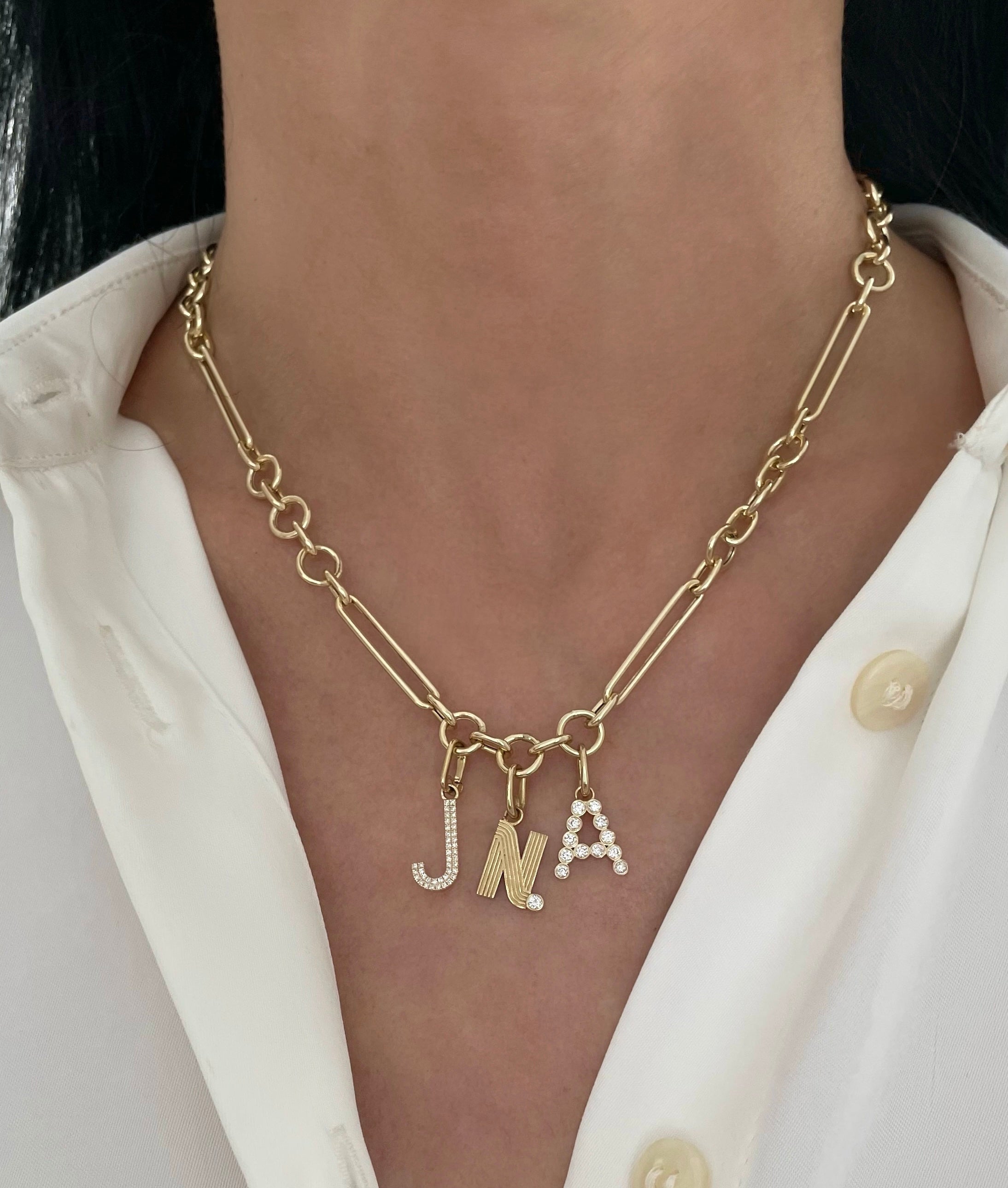 Small Retro Fluted Letter Charm with Stone Accent