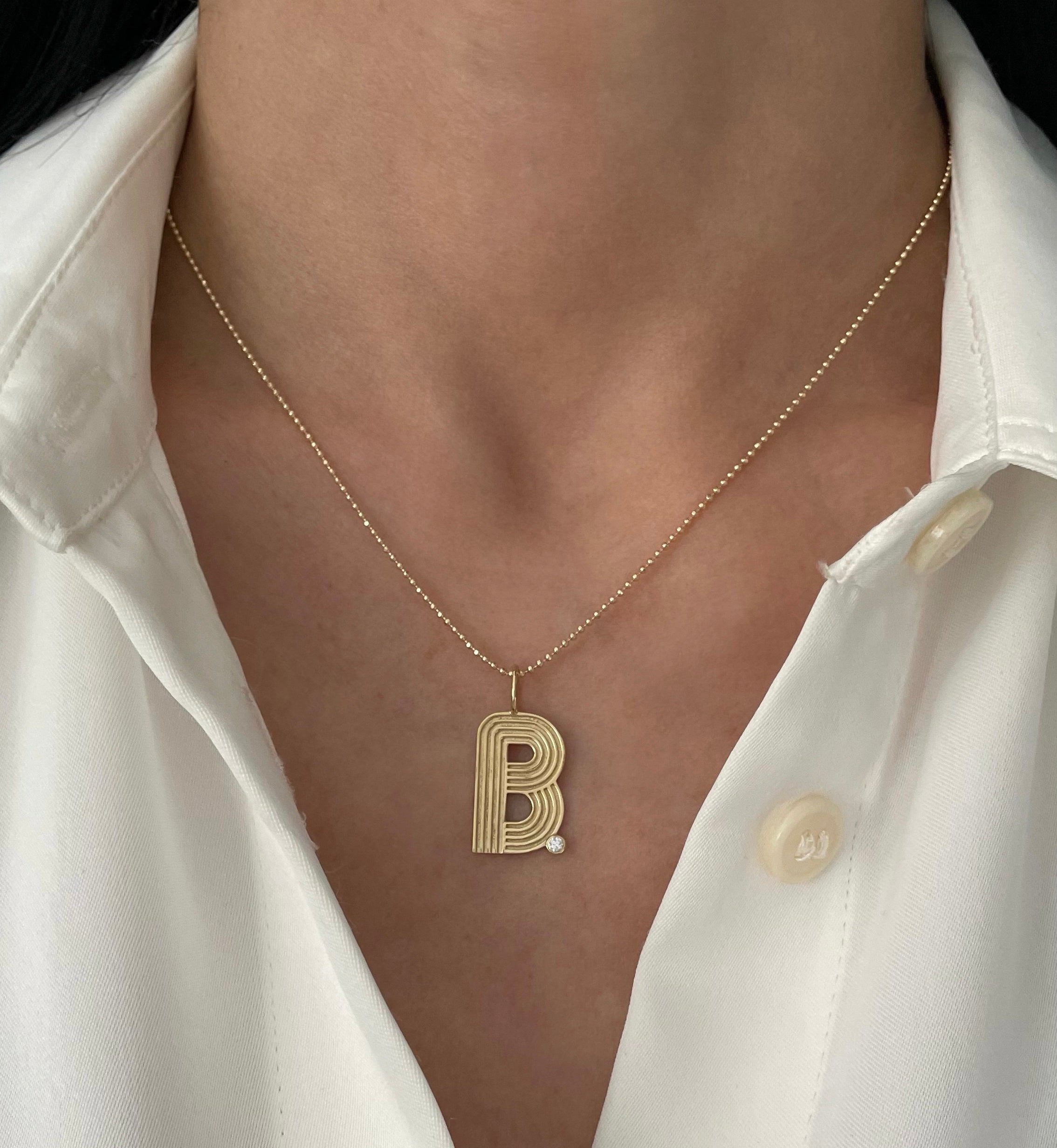 Large Retro Fluted Letter Charm with Stone Accent