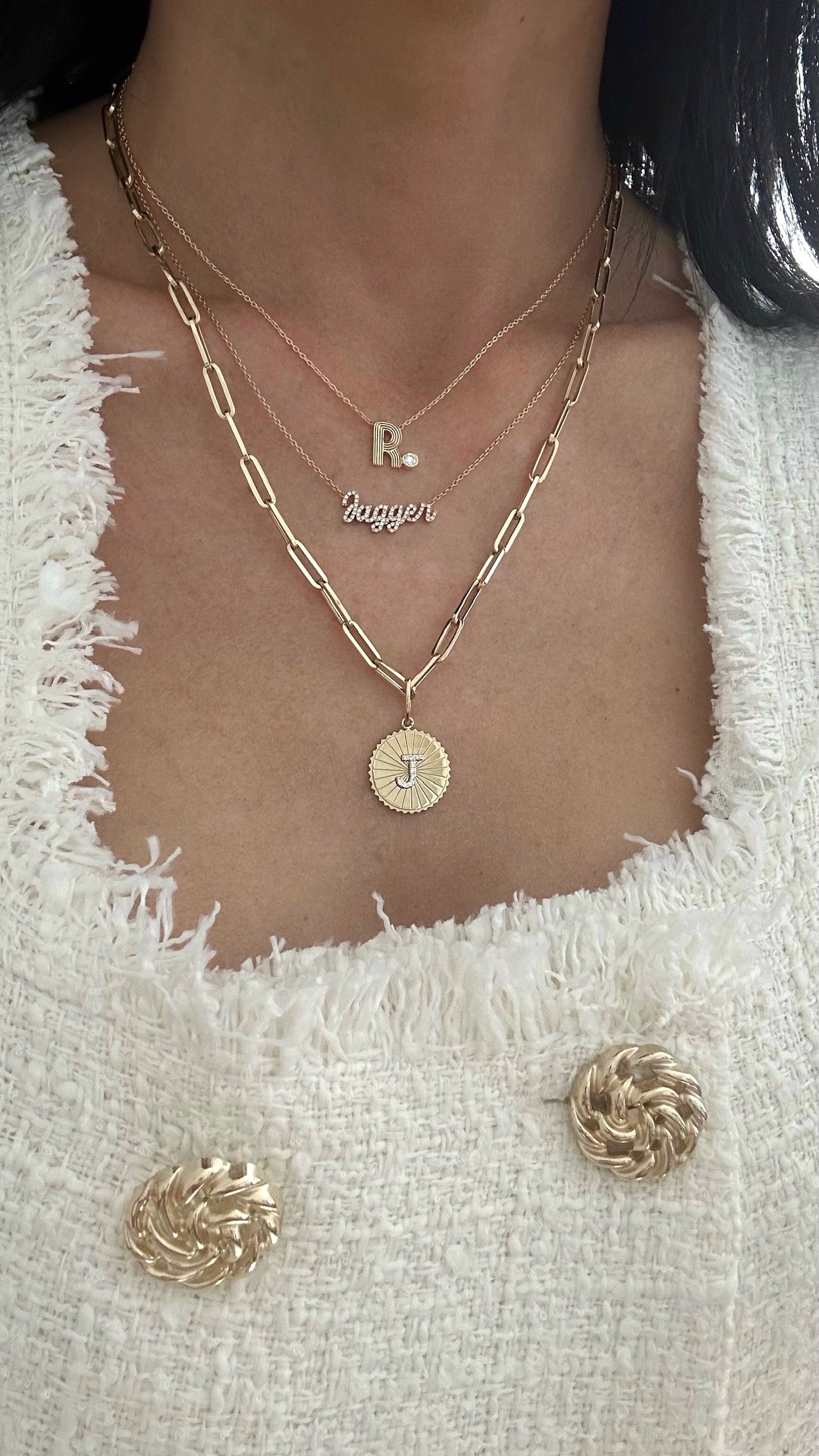 Retro Fluted Letter with Stone Accent Necklace