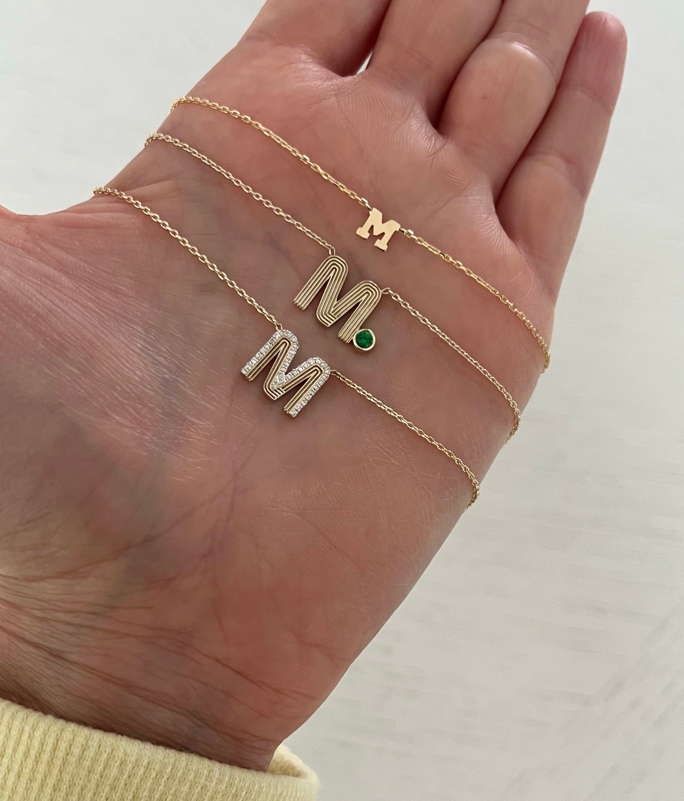 Retro Fluted Letter with Stone Accent Necklace